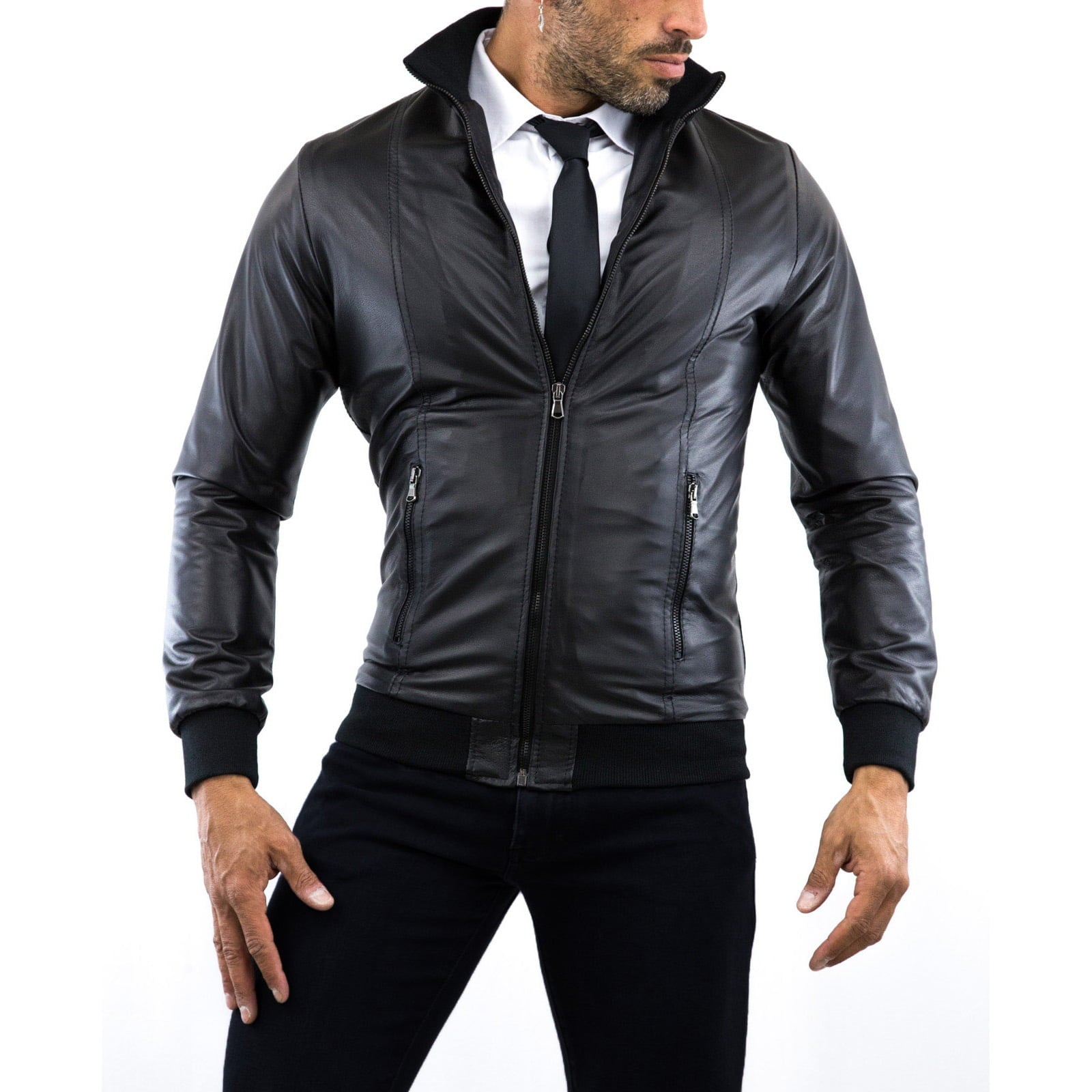 Rindway Men's Black Genuine Leather Bomber Jacket with Front Cuts