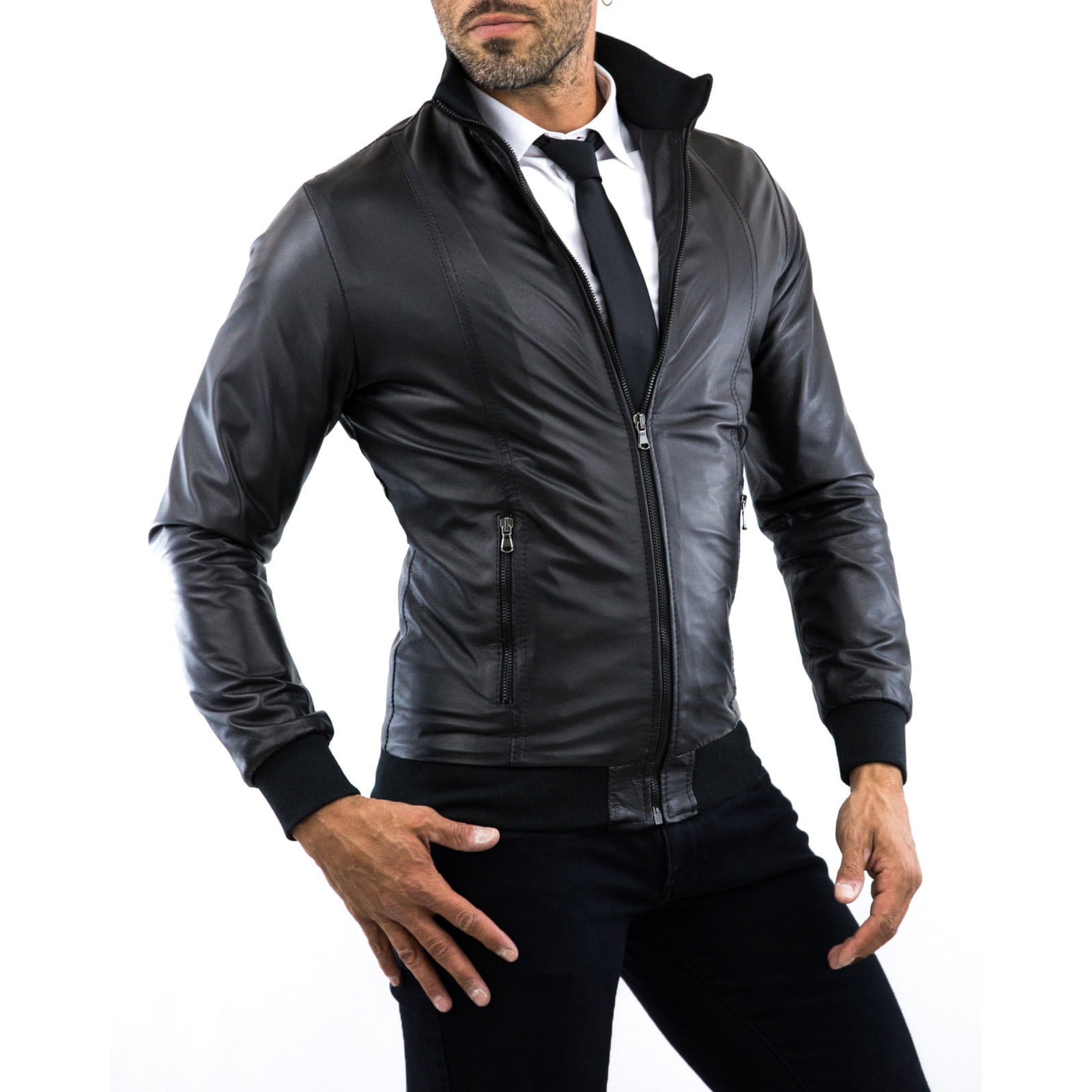 Rindway Men's Black Genuine Leather Bomber Jacket with Front Cuts