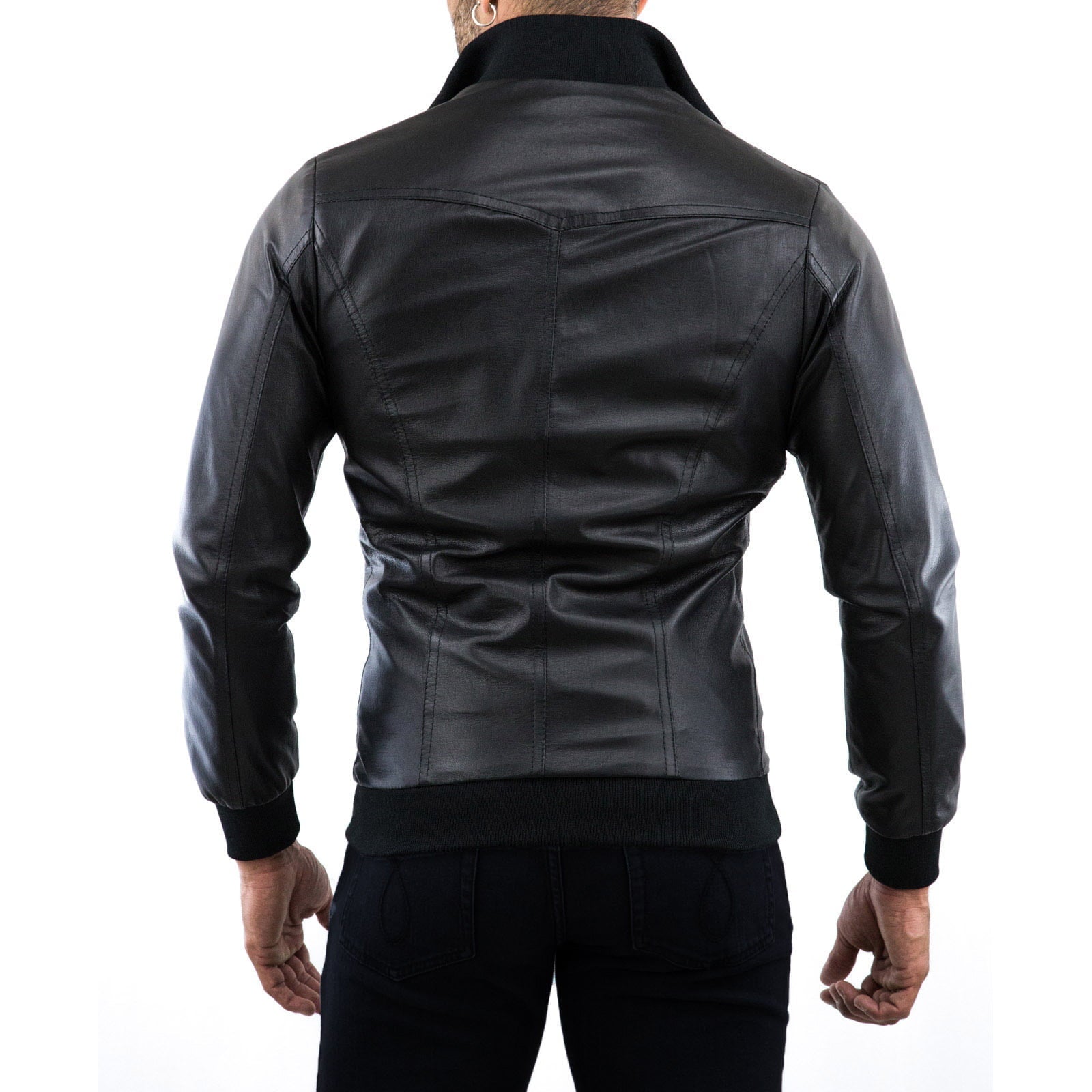 Rindway Men's Black Genuine Leather Bomber Jacket with Front Cuts