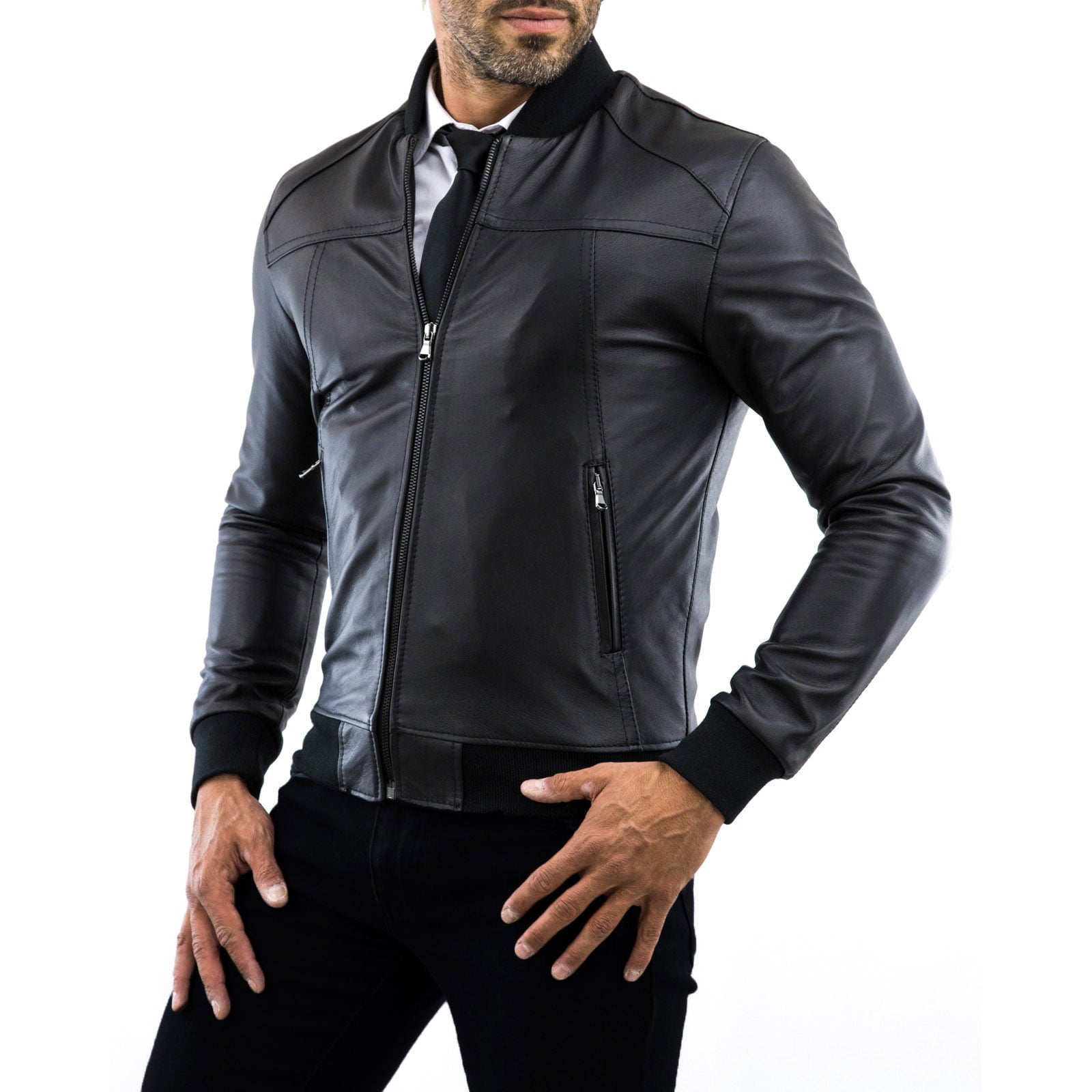 Rindway Men's Black Genuine Leather Bomber Jacket College Collar Front Cuts