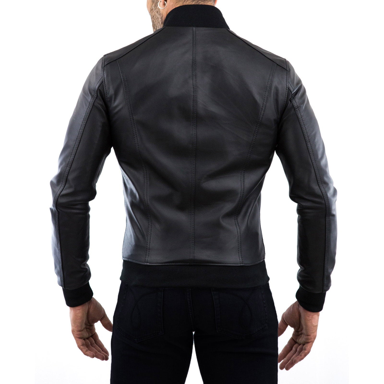 Rindway Men's Black Genuine Leather Bomber Jacket College Collar Front Cuts