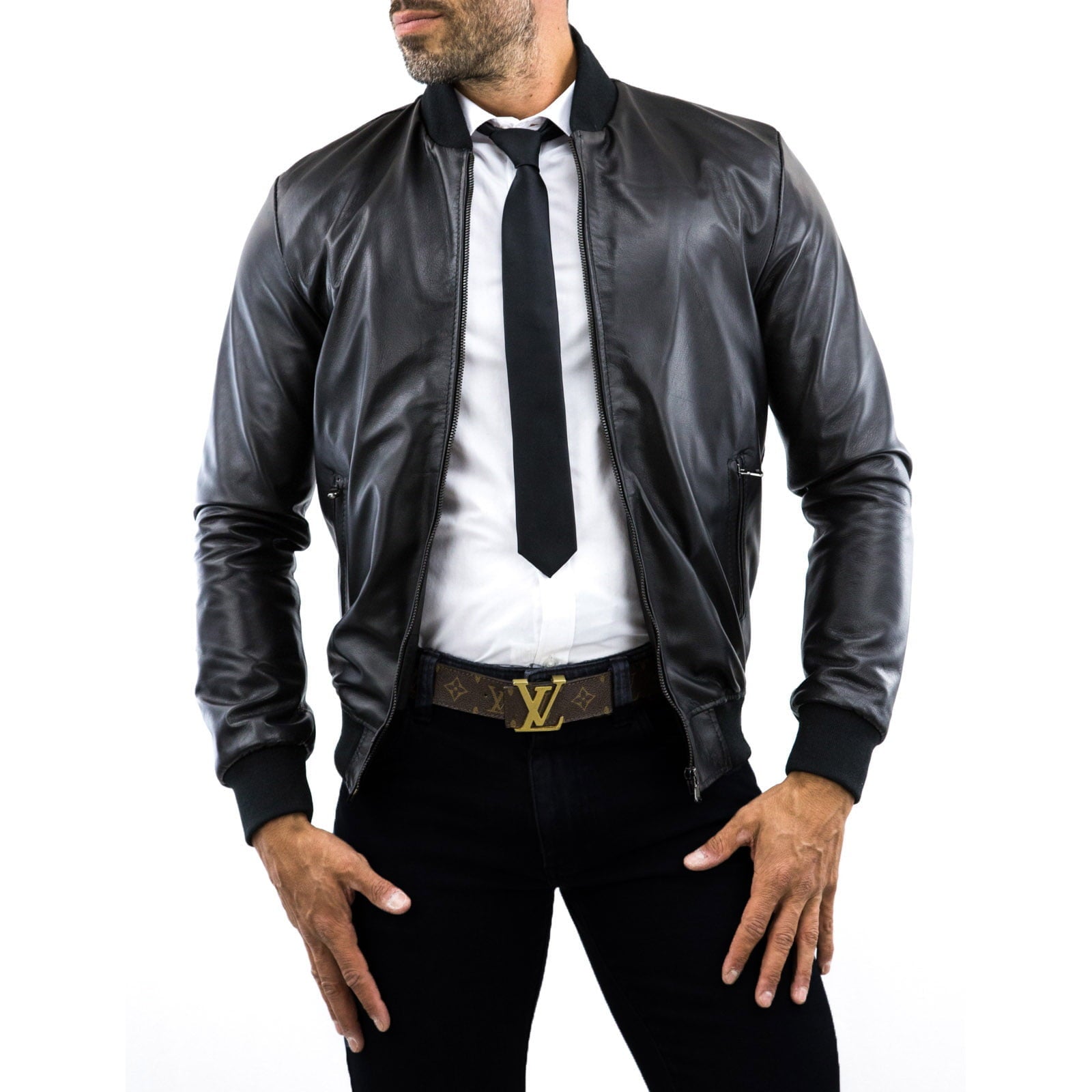 Rindway Men's Black Genuine Leather Bomber Jacket Slim College Collar