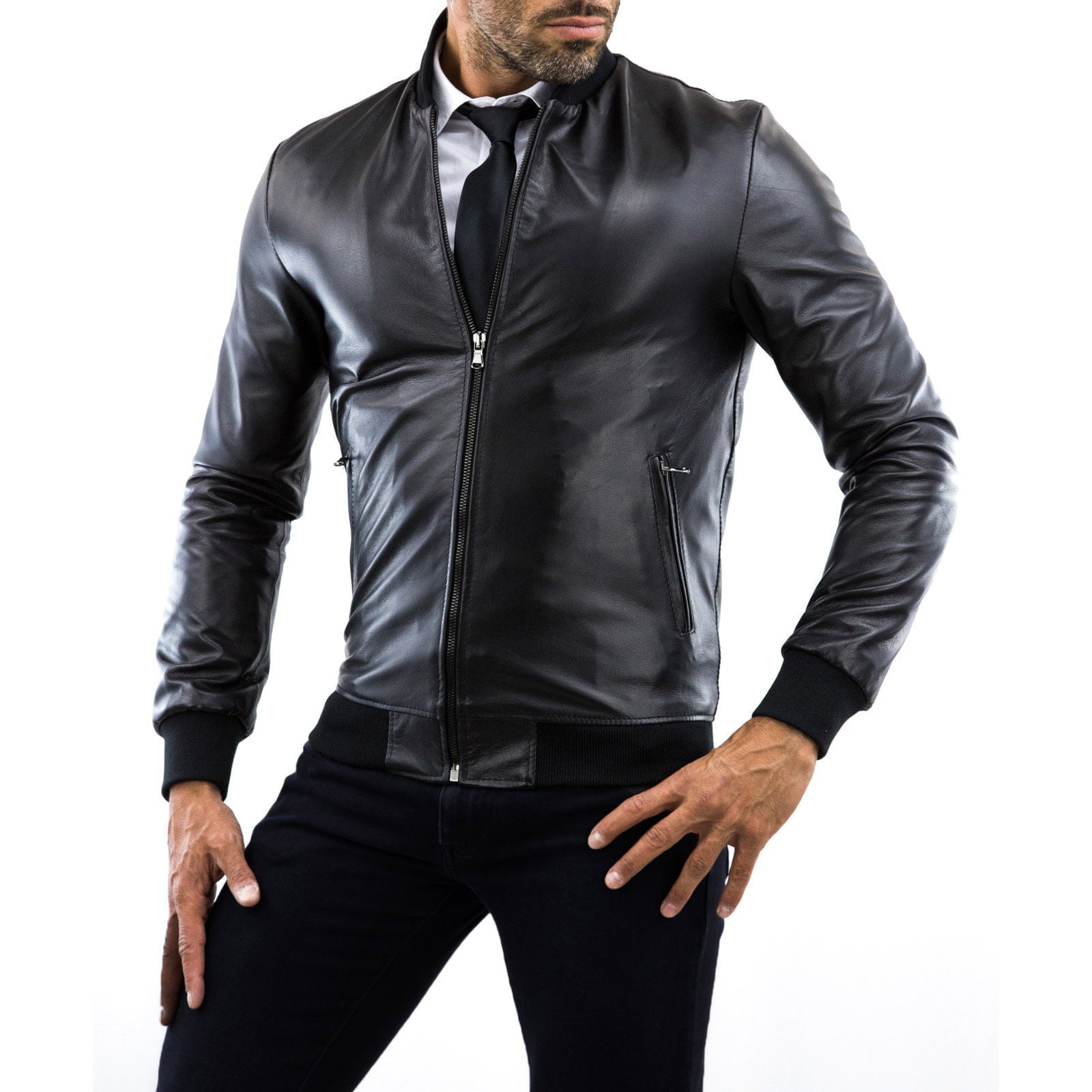 Slim Men's Genuine Leather Bomber Jacket College Collar Rindway Outlet