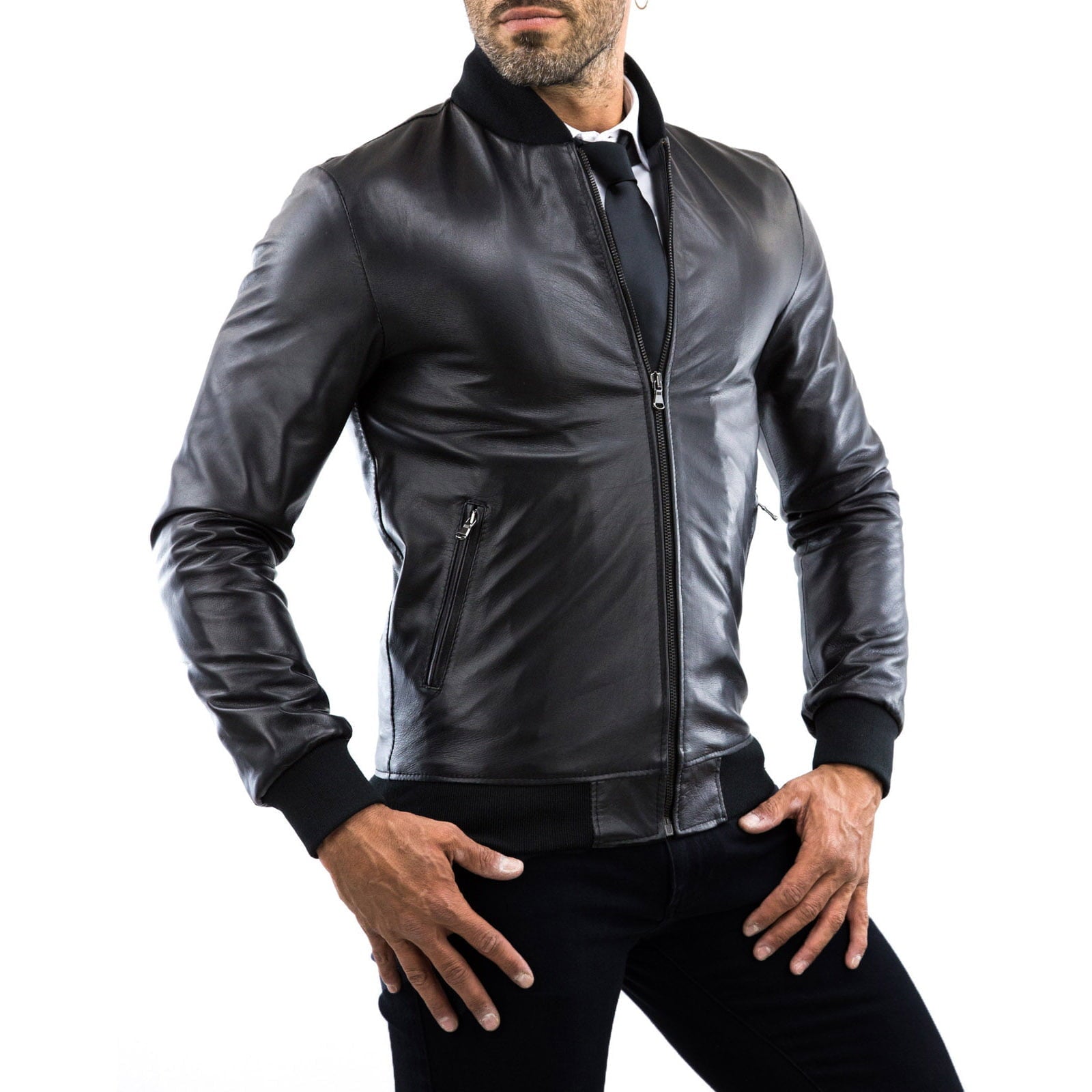 Rindway Men's Black Genuine Leather Bomber Jacket Slim College Collar