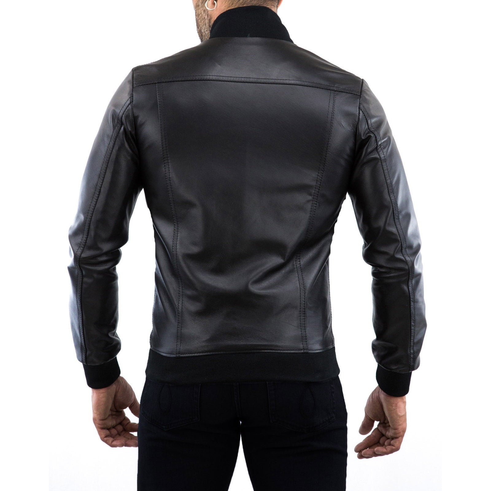 Rindway Men's Black Genuine Leather Bomber Jacket Slim College Collar