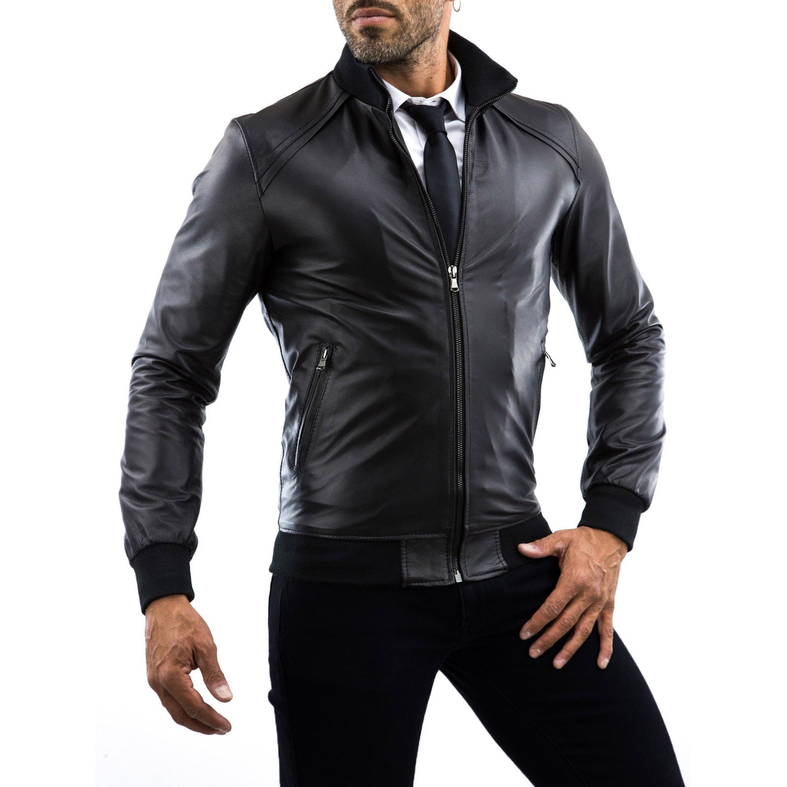 Slim Men's Genuine Leather Bomber Jacket With Detail On The Shoulders Rindway Outlet