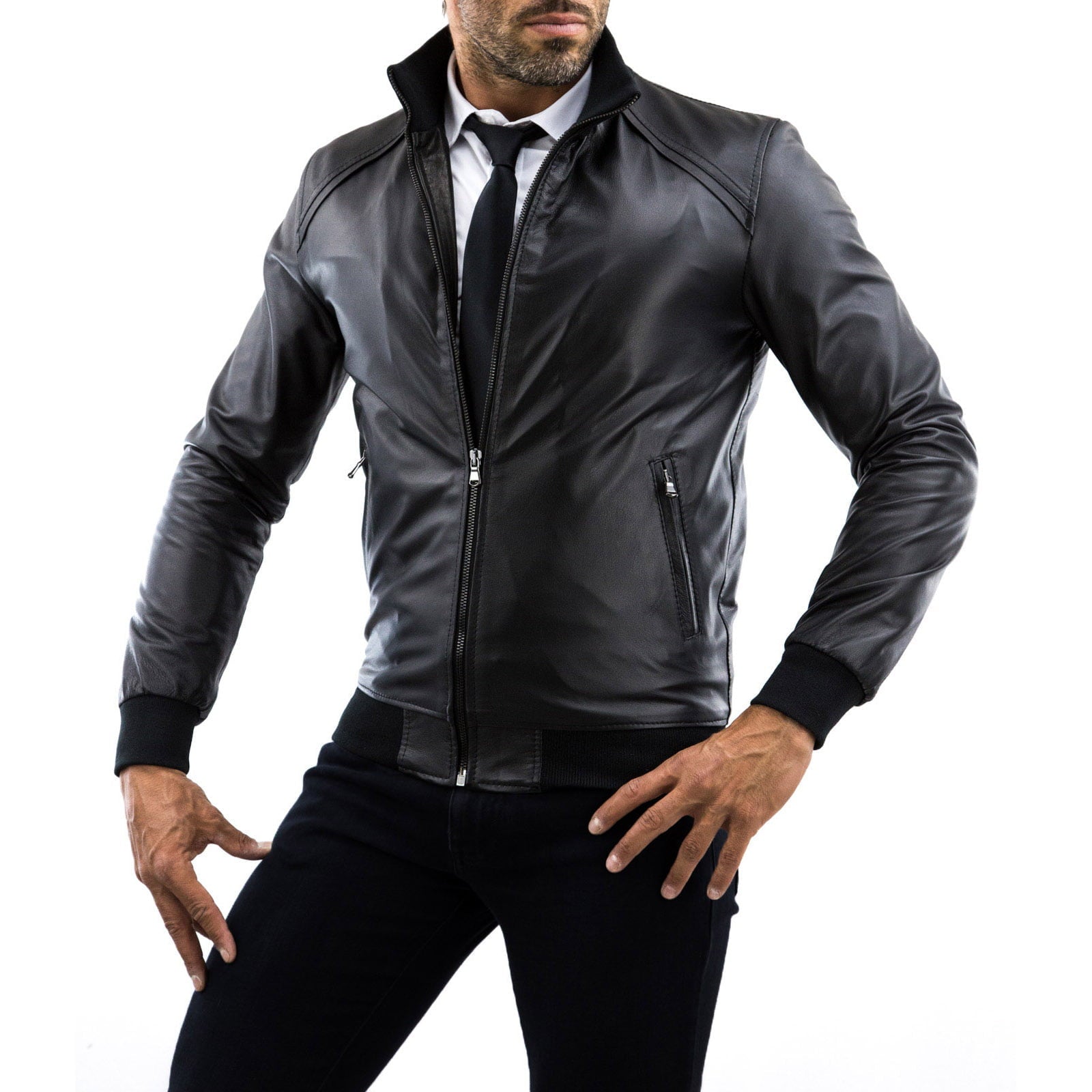 Slim Men's Brown Genuine Leather Bomber Jacket With Shoulder Detail OUTLET Rindway