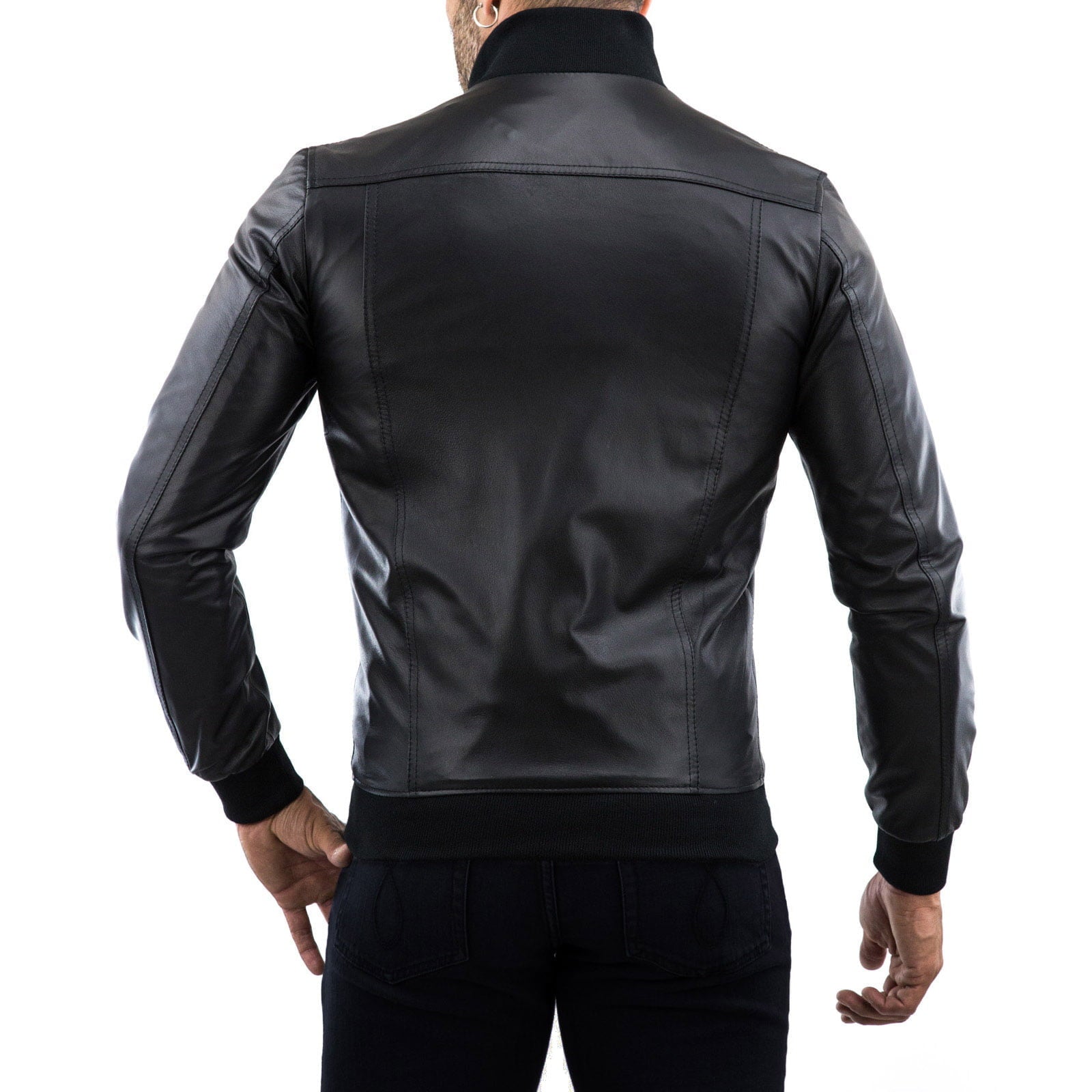 Giubbotto Bomber In Vera Pelle Nero Uomo Slim Con Particolare Sulle Spalle Rindway