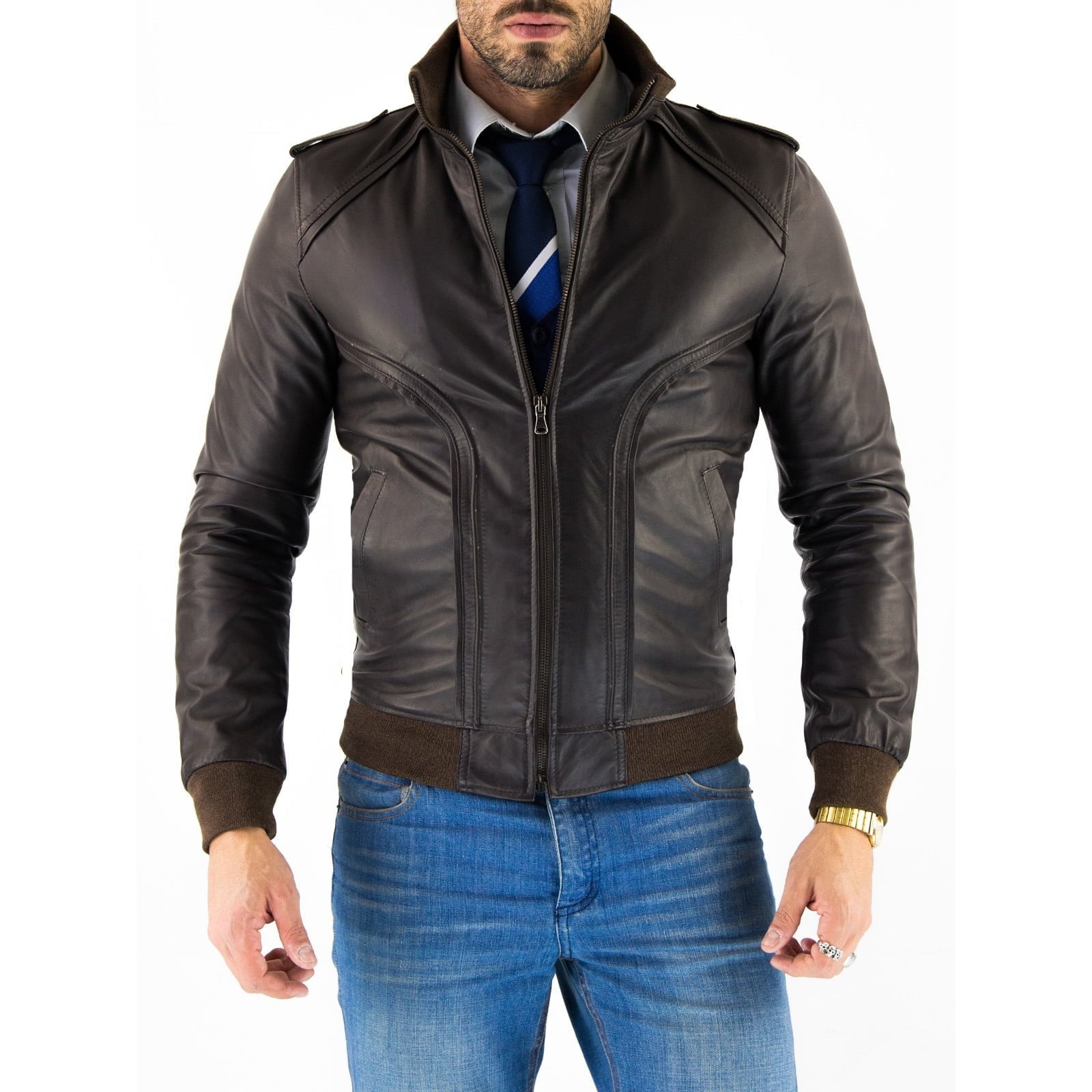 Men's Black Genuine Leather Bomber Jacket with Rindway Front and Shoulder Details