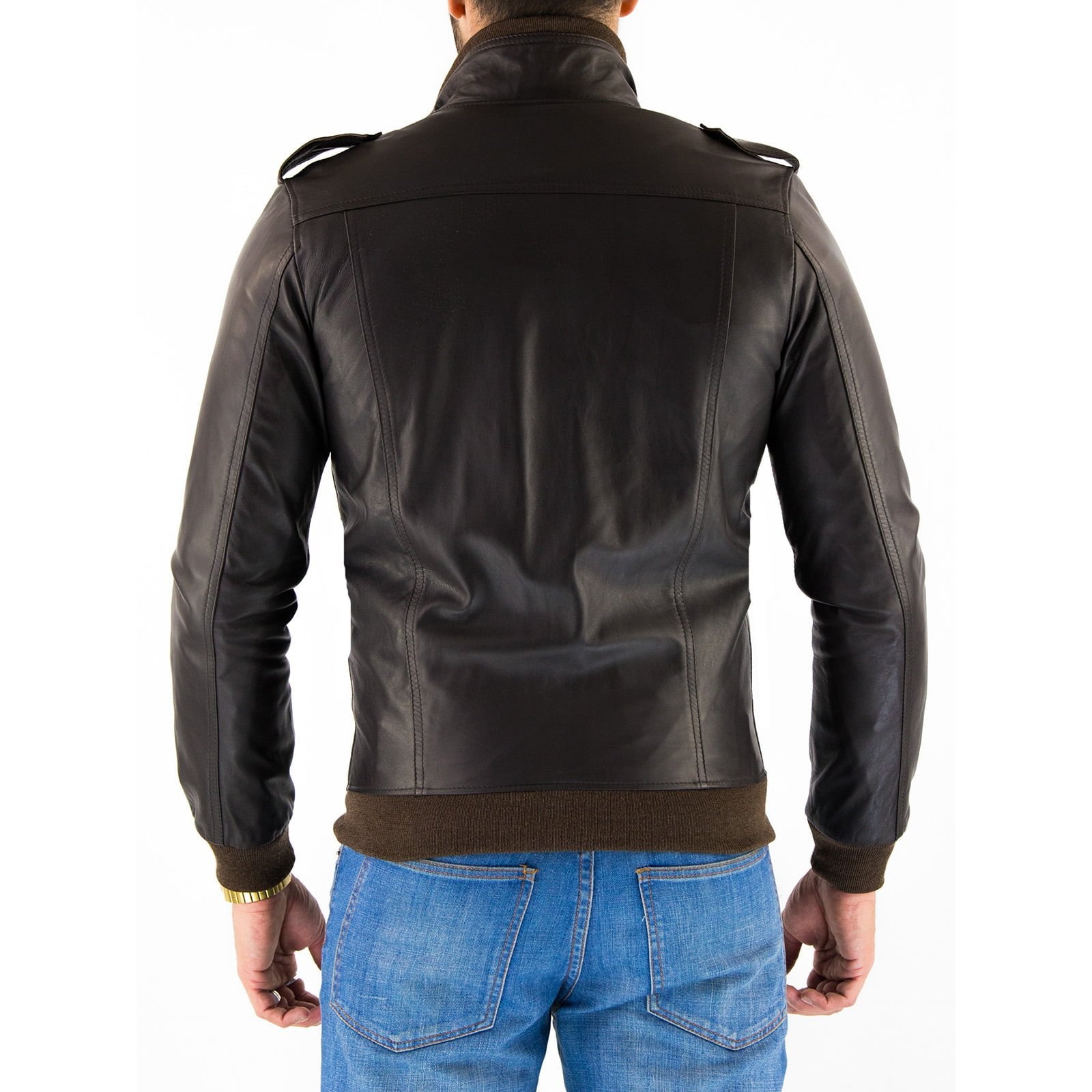 Men's Black Genuine Leather Bomber Jacket with Rindway Front and Shoulder Details