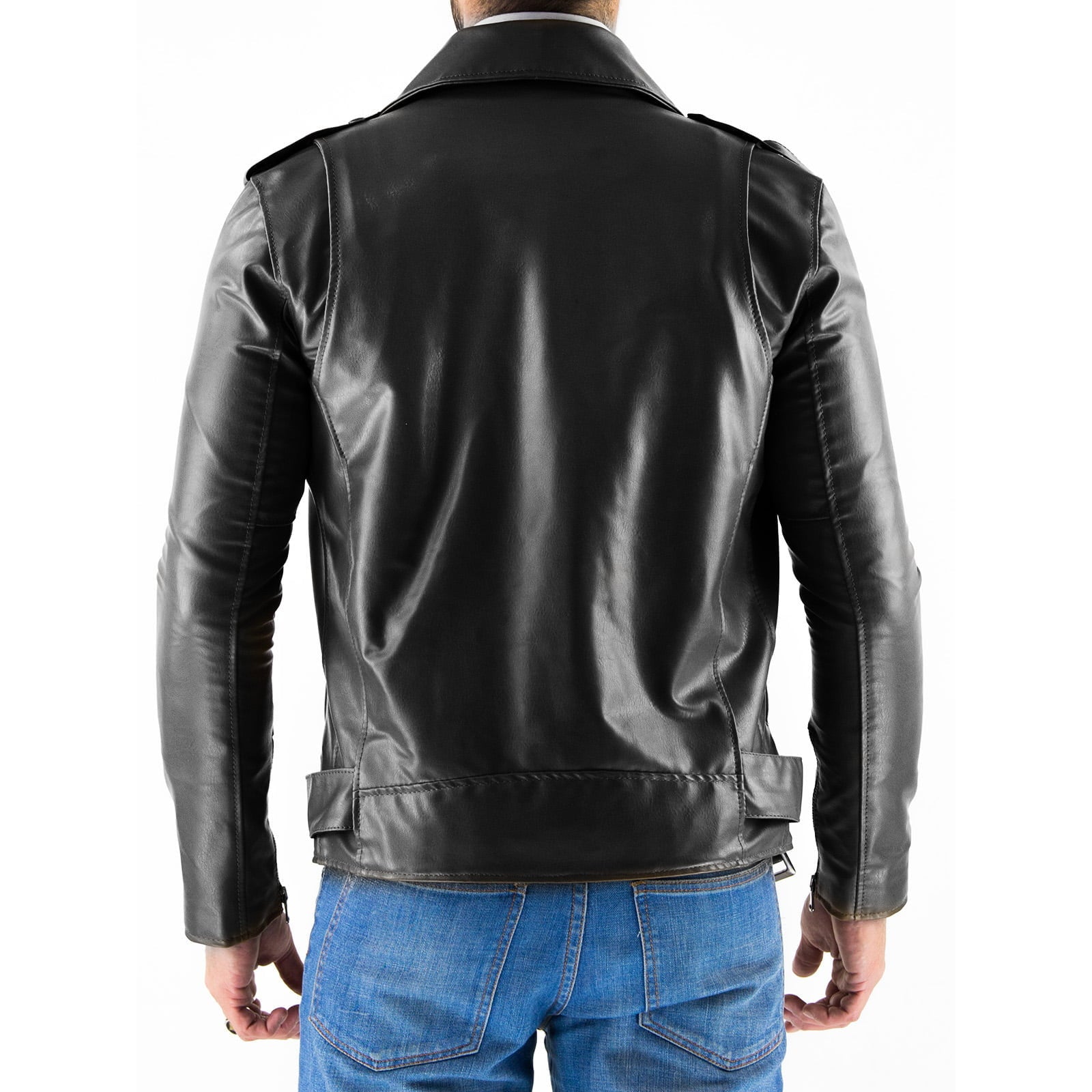 Chiodo Biker In Vera Pelle Nero Uomo Slim Total Black Fibbia Rettangolare Rindway