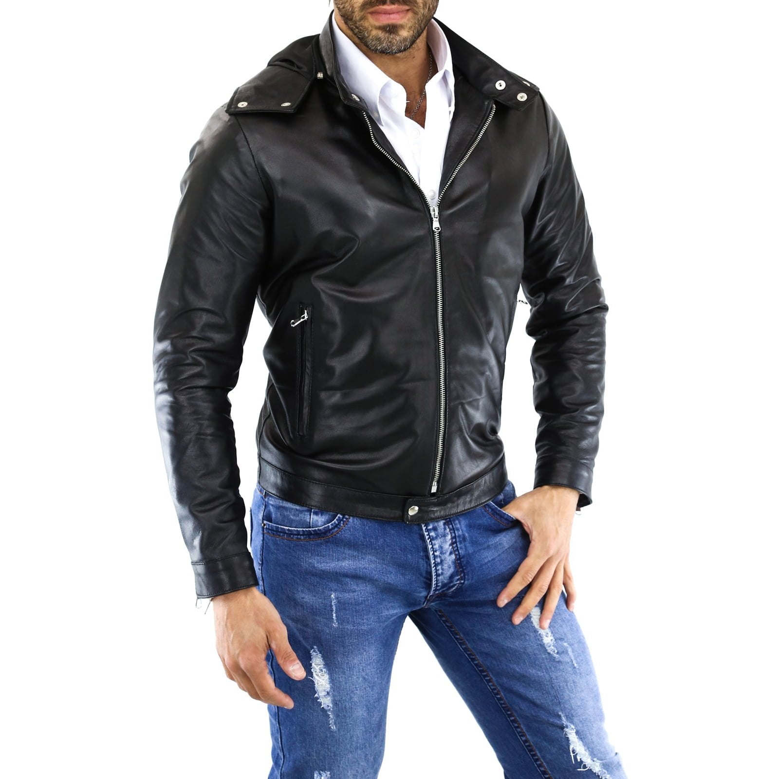 Rindway Men's Black Genuine Leather Biker Jacket with Removable Hood