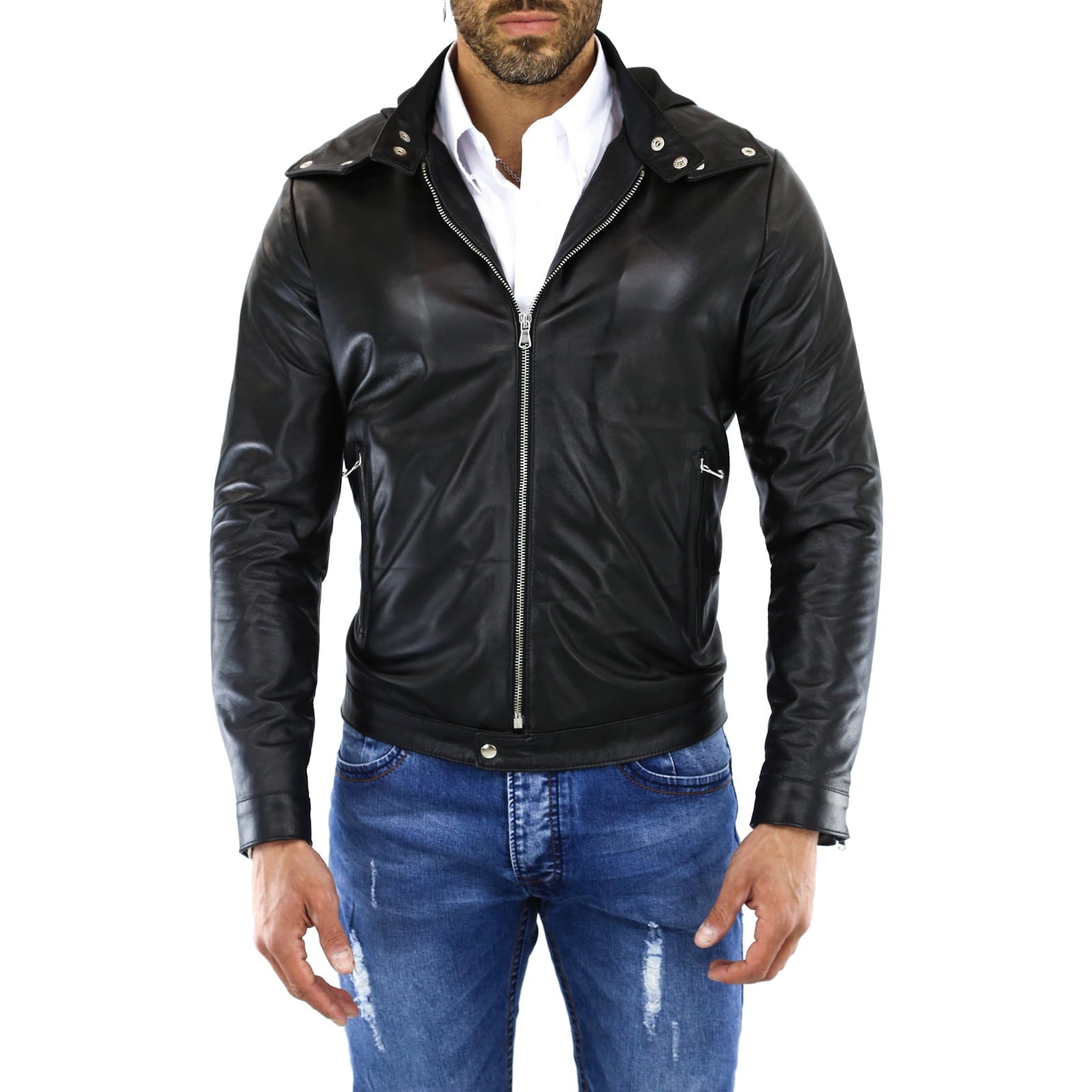 Giubbotto Biker In Vera Pelle Marrone Uomo Con Cappuccio Removibile Rindway