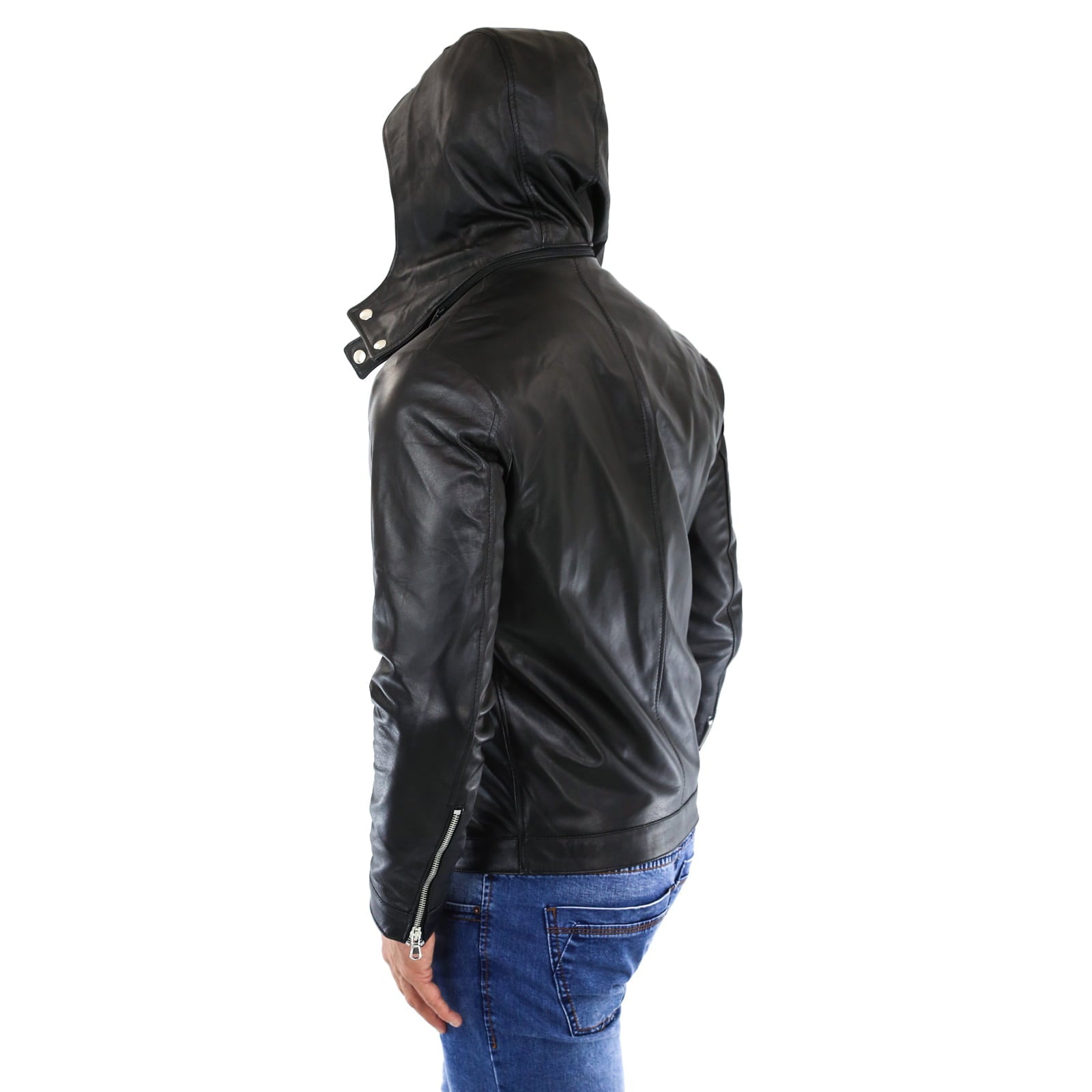 Rindway Men's Black Genuine Leather Biker Jacket with Removable Hood