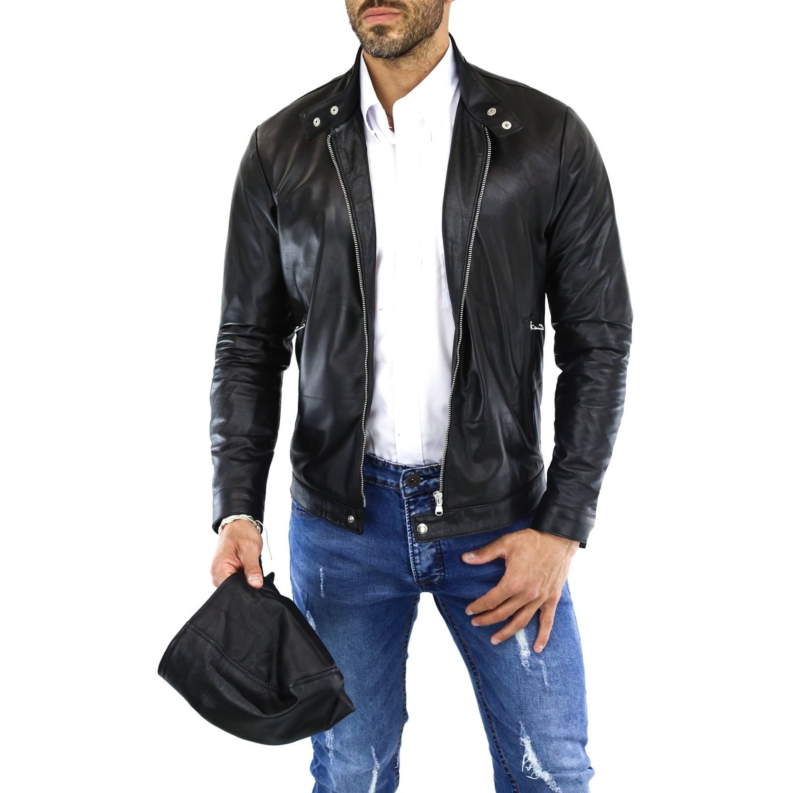 Giubbotto Biker In Vera Pelle Marrone Uomo Con Cappuccio Removibile Rindway