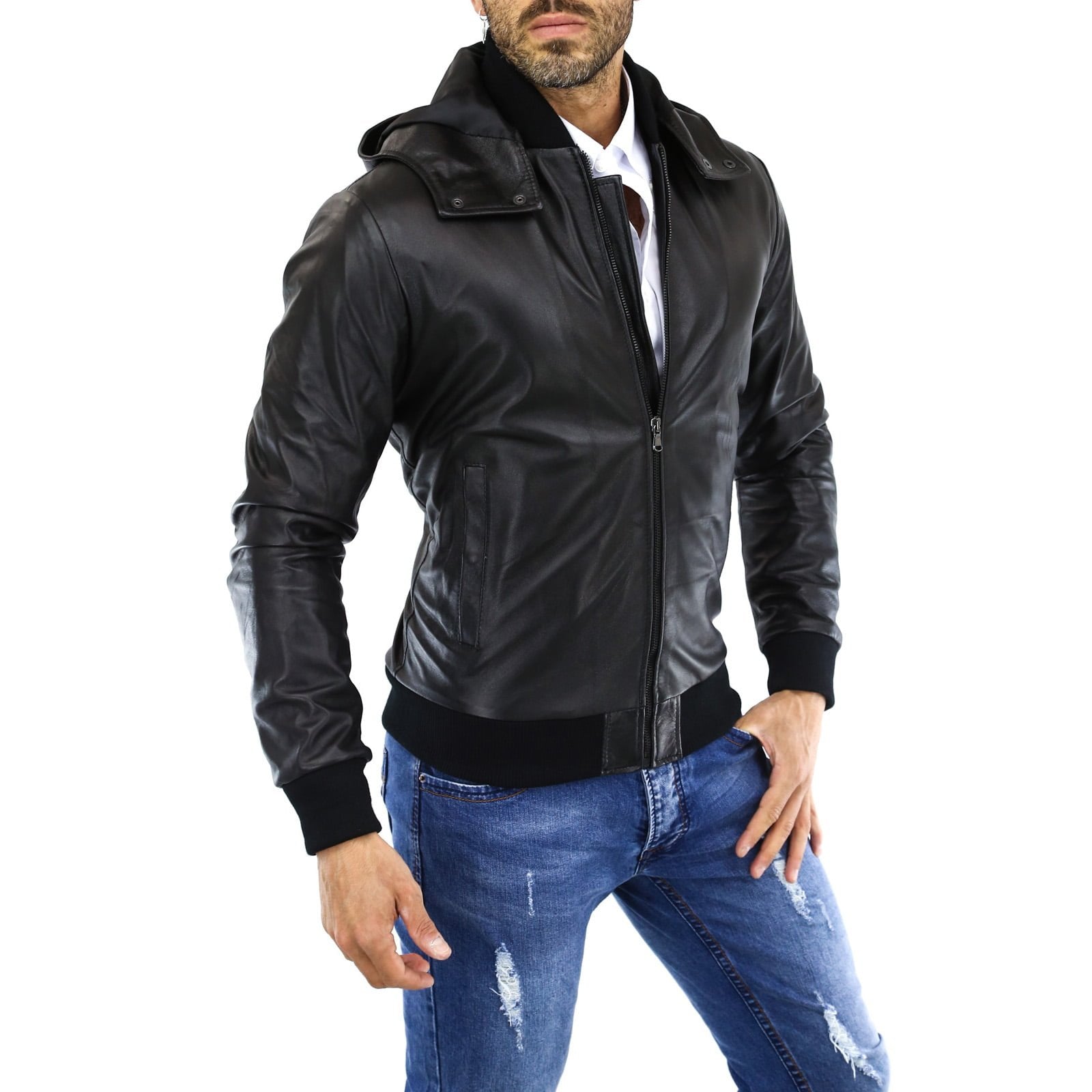 Rindway Men's Black Genuine Leather Bomber Jacket with Removable Hood