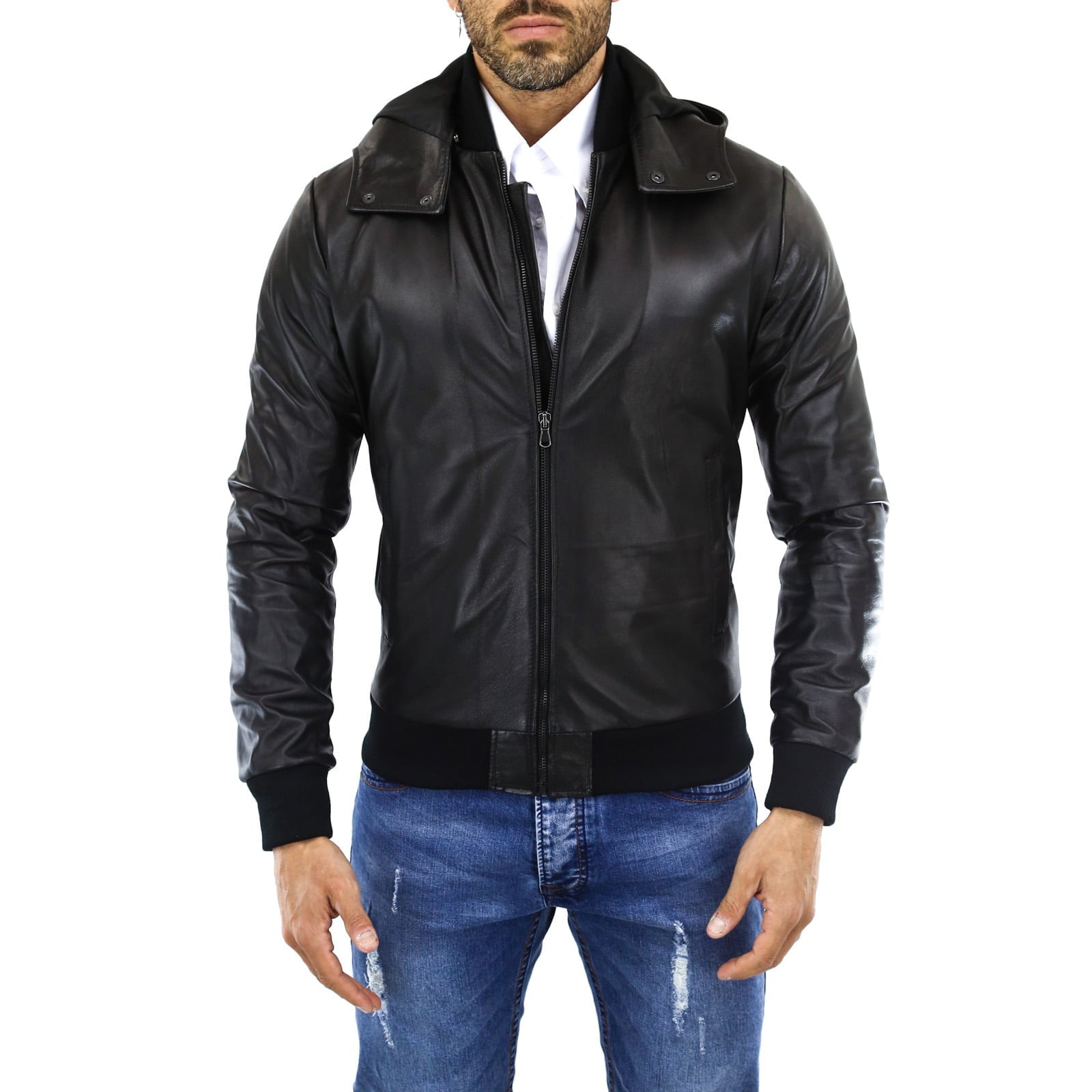 Rindway Men's Brown Genuine Leather Bomber Jacket with Removable Hood