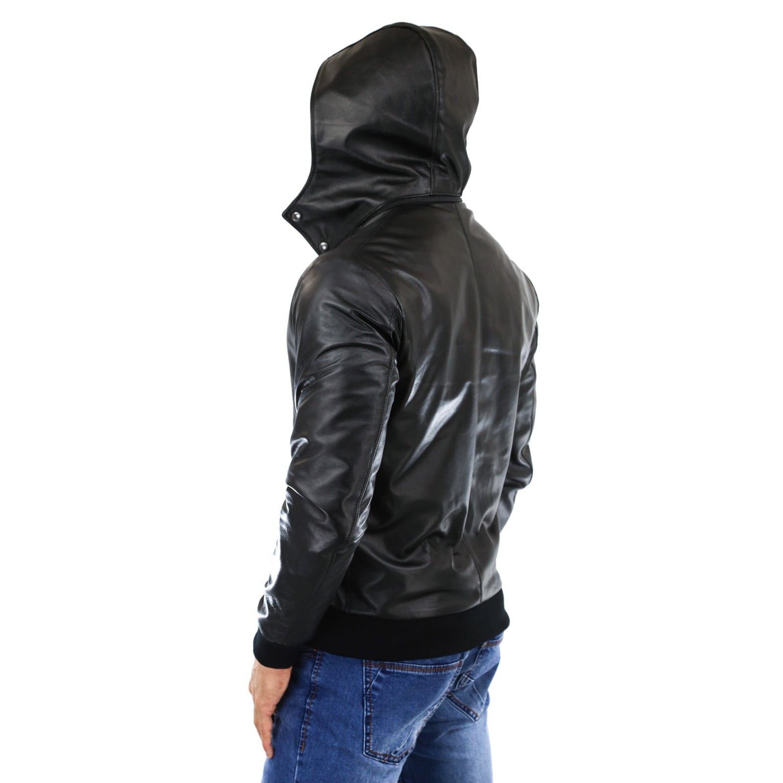 Bomber Jacket in Genuine Blue Leather for Men with Removable Hood Rindway