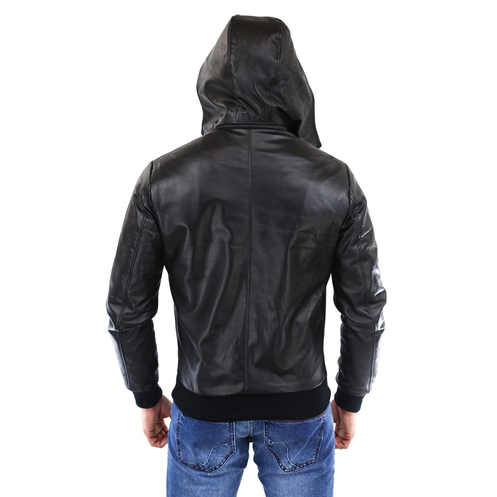 Rindway Men's Black Genuine Leather Bomber Jacket with Removable Hood