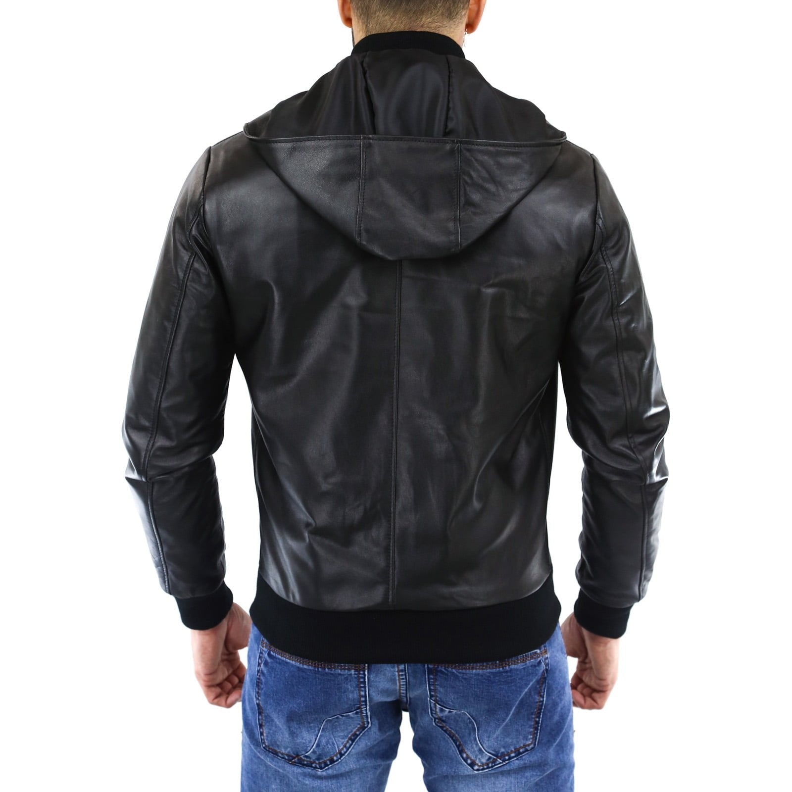 Rindway Men's Black Genuine Leather Bomber Jacket with Removable Hood