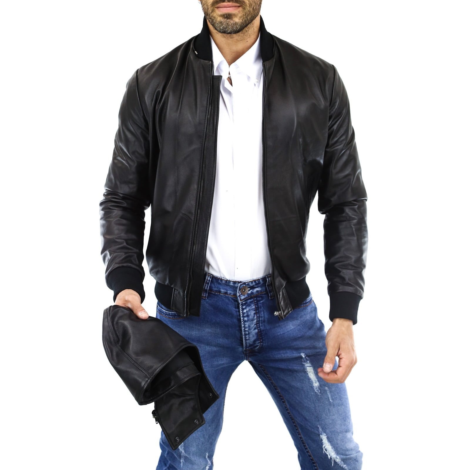 Rindway Men's Black Genuine Leather Bomber Jacket with Removable Hood