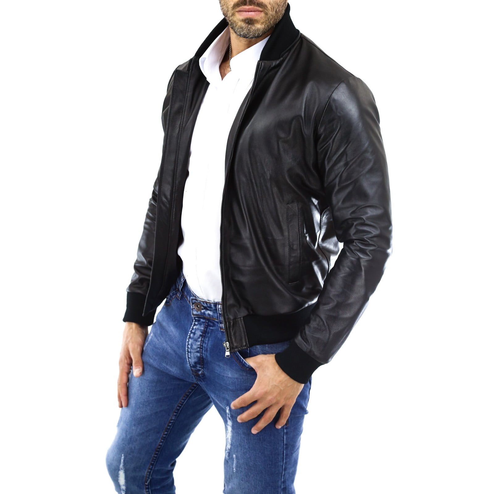 Rindway Men's Black Genuine Leather Bomber Jacket with Removable Hood