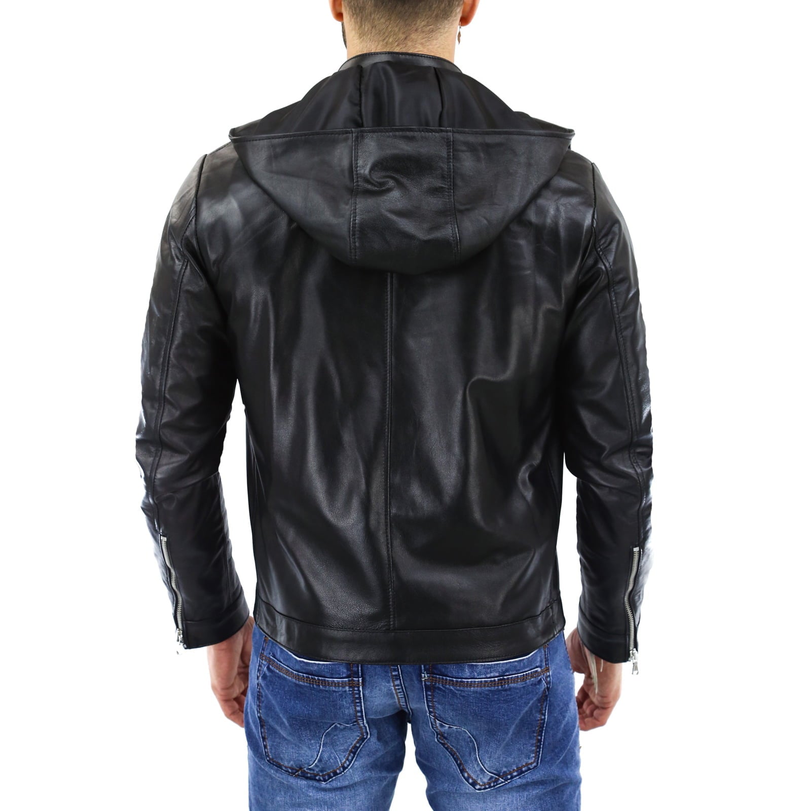 Giubbotto Biker In Vera Pelle Marrone Uomo Con Cappuccio Removibile Rindway