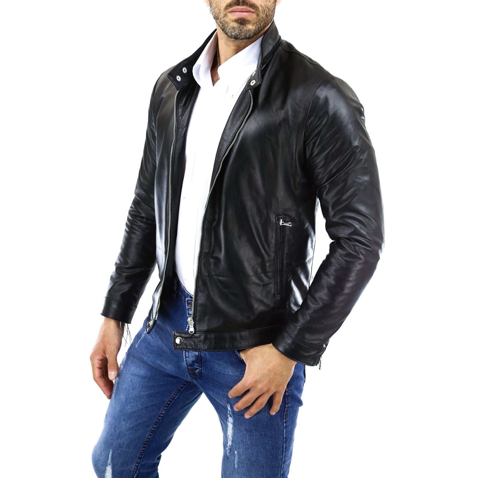 Giubbotto Biker In Vera Pelle Marrone Uomo Con Cappuccio Removibile Rindway