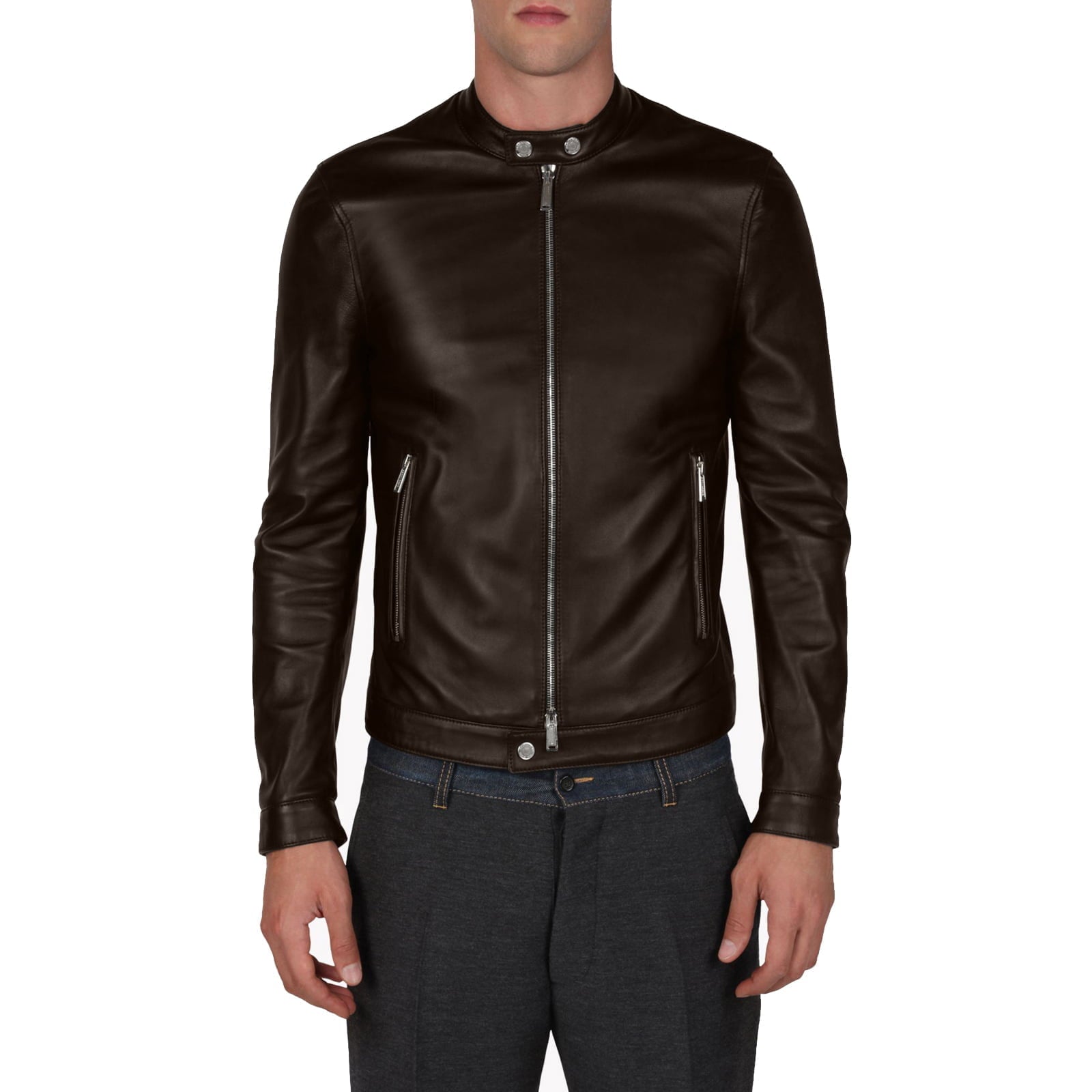 Giacca Biker In Vera Pelle Marrone Uomo Bottoni Collo Rindway