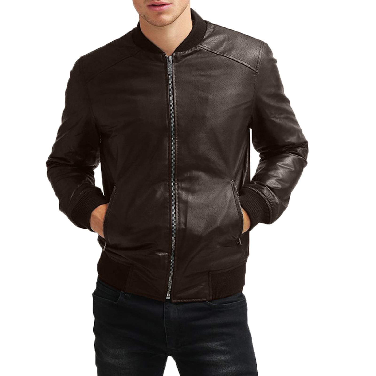 Men's Black Genuine Leather Bomber Jacket Cuts on the Shoulders Rindway Outlet