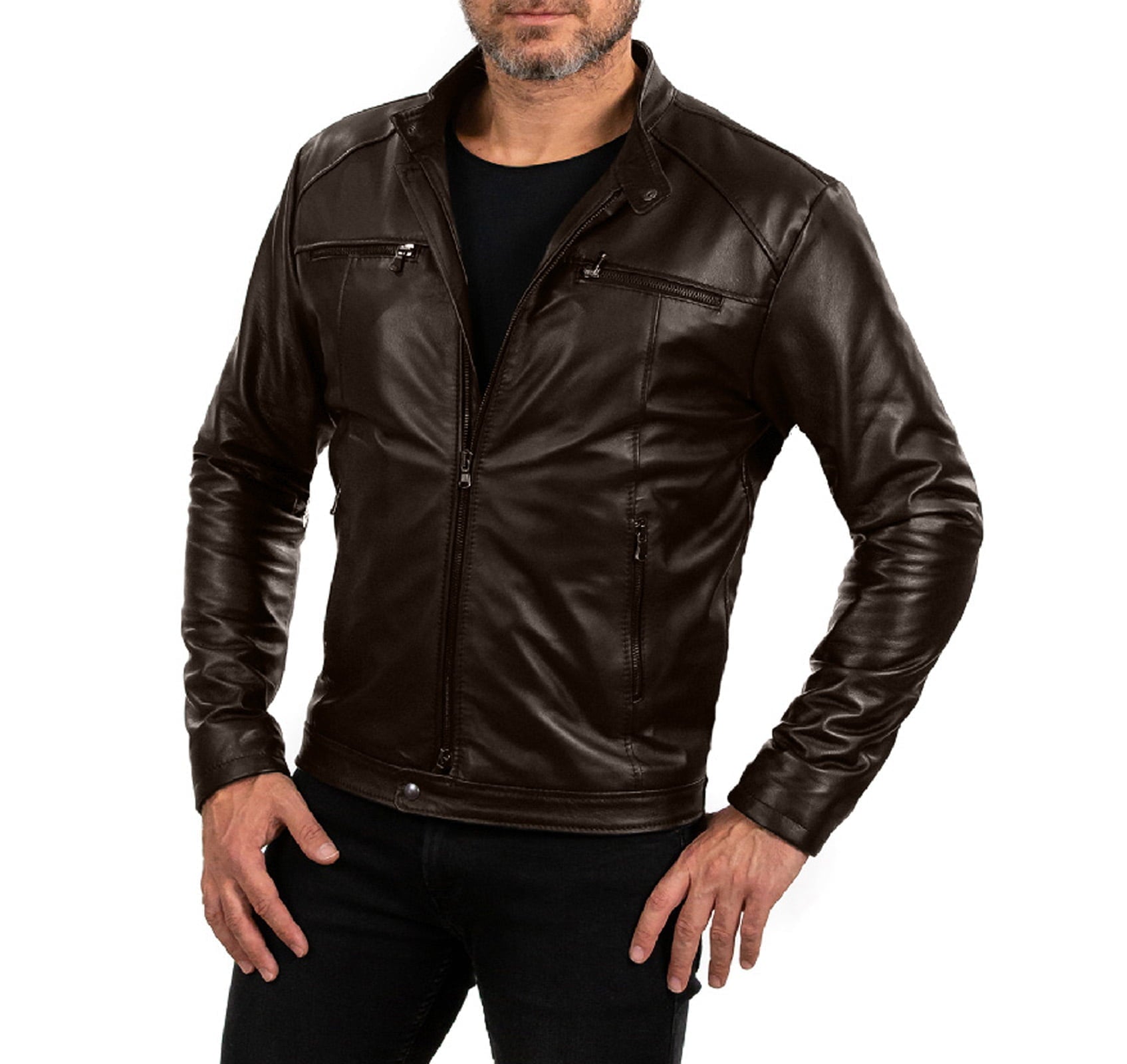 Men's Brown Genuine Leather Biker Jacket Slim Four Pockets Button Rindway Collar