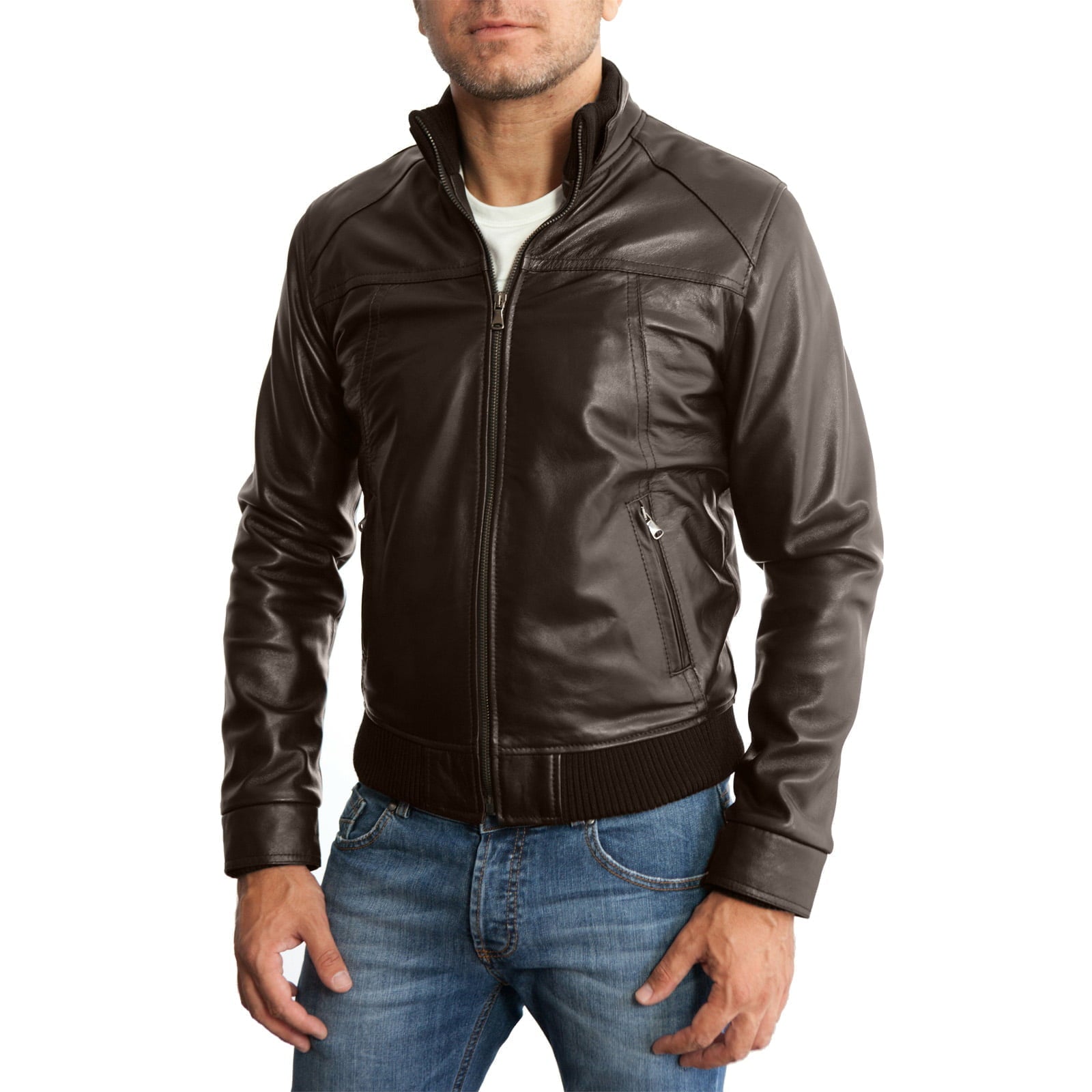 Men's Brown Genuine Leather Bomber Jacket with Jersey and Leather Collar Rindway Outlet