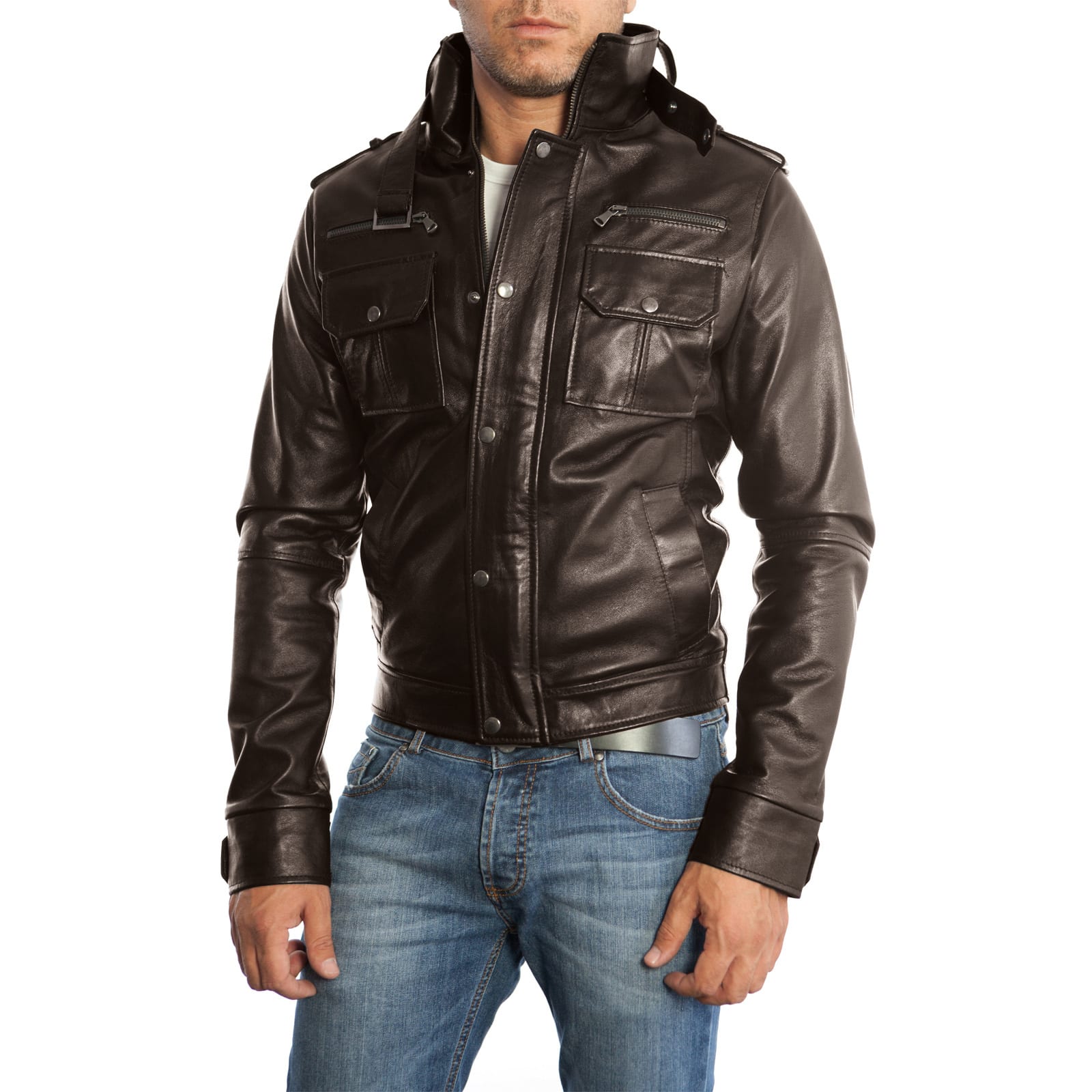 Rindway Slim Men's Brown Genuine Leather Biker Jacket with Six Front Pockets