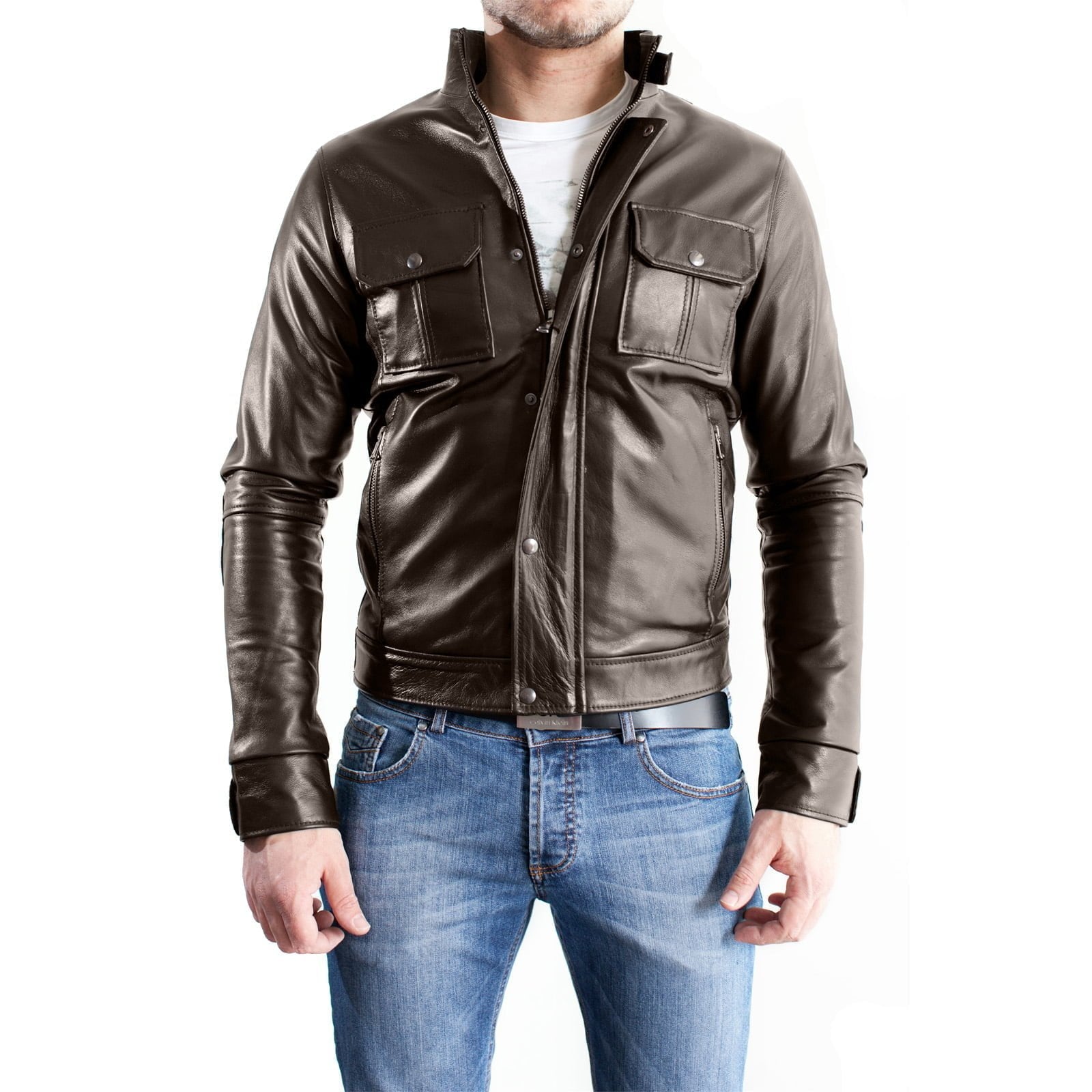 Giacca Biker In Vera Pelle Marrone Uomo Slim Collo Con Linguetta Rindway