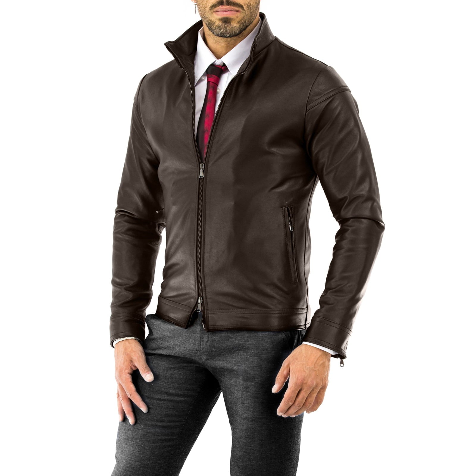 Slim Men's Blue Genuine Leather Biker Jacket With Rindway Back Lines