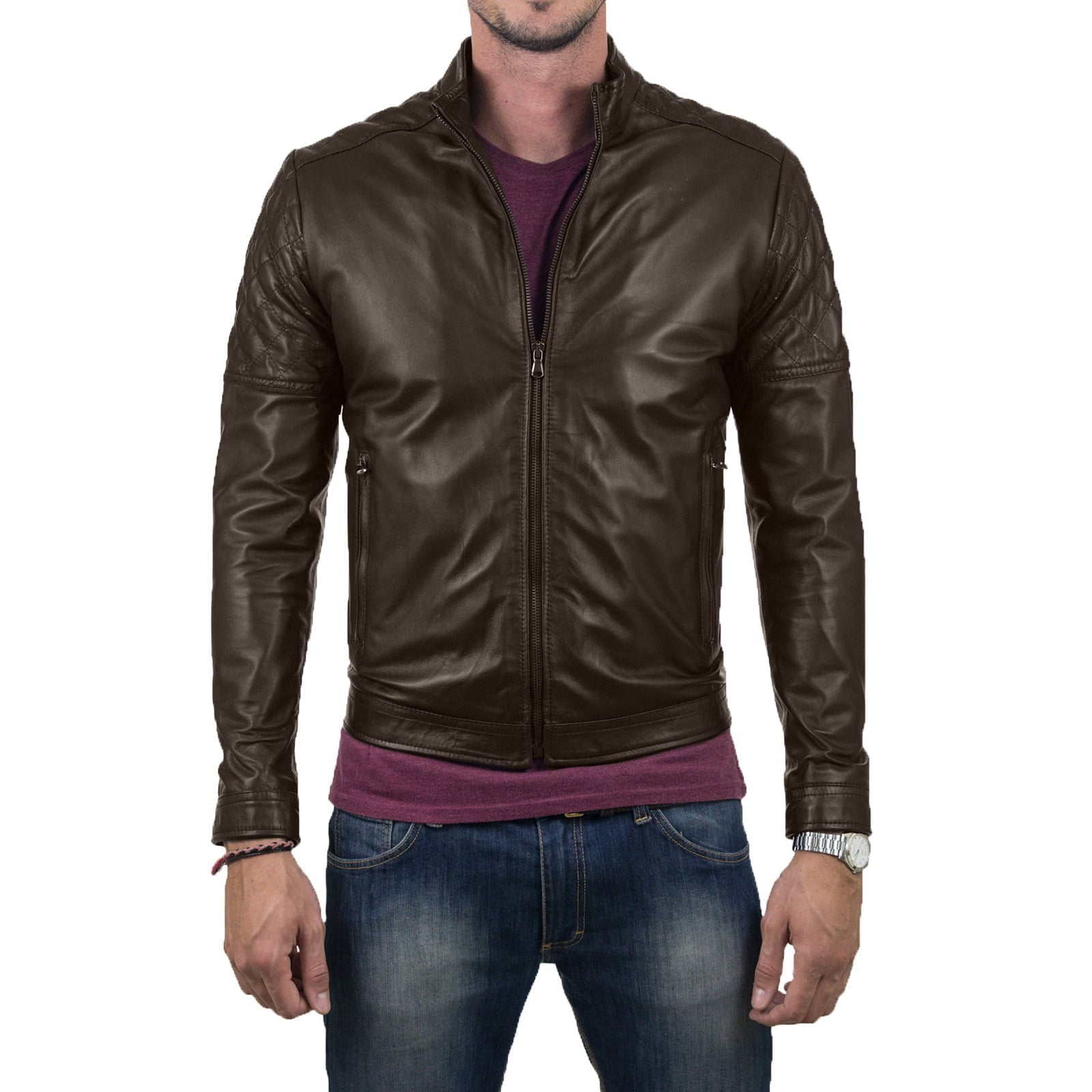 Slim Men's Brown Genuine Leather Biker Jacket With Diamond Arms and Shoulders Rindway