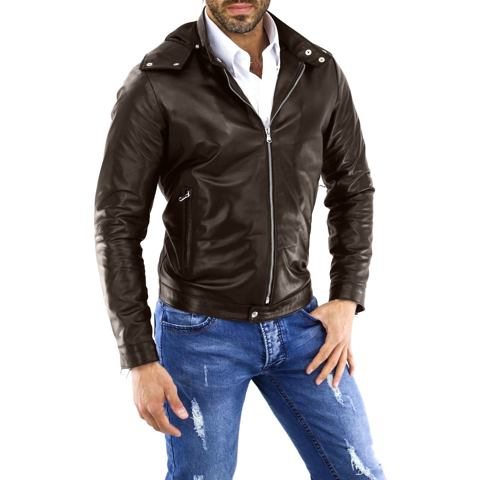 Rindway Men's Brown Genuine Leather Biker Jacket with Removable Hood