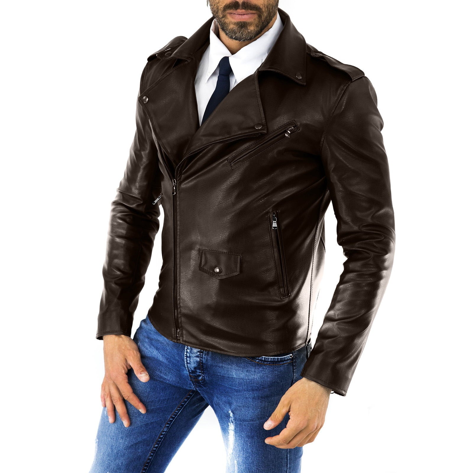 Chiodo Biker In Vera Pelle Marrone Uomo Slim Accessori Scuri Rindway