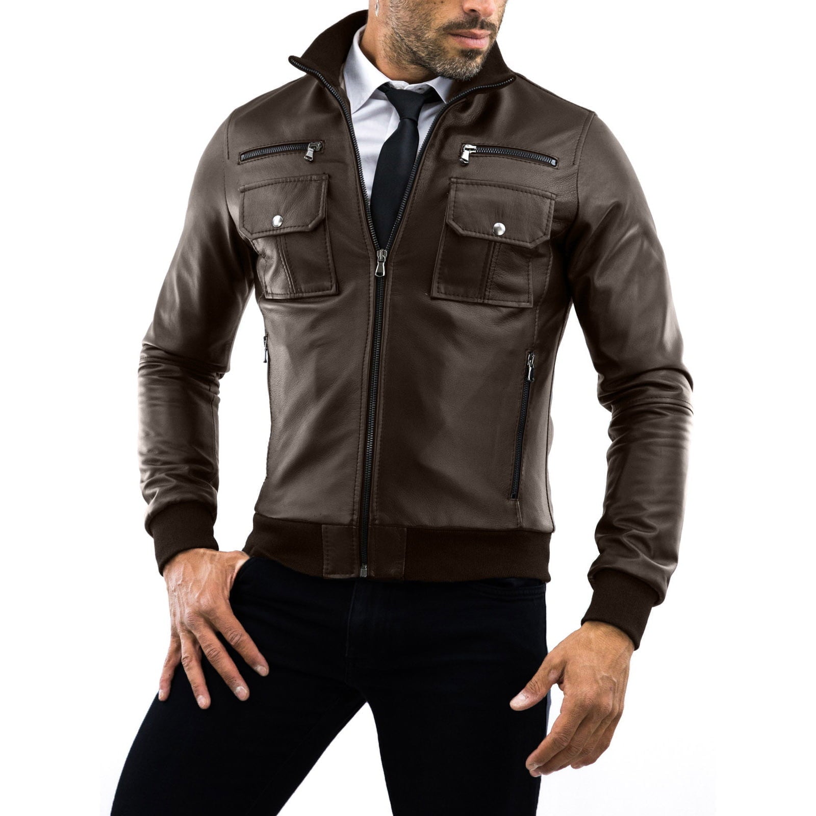 Rindway Men's Brown Genuine Leather Bomber Jacket with Six Pockets