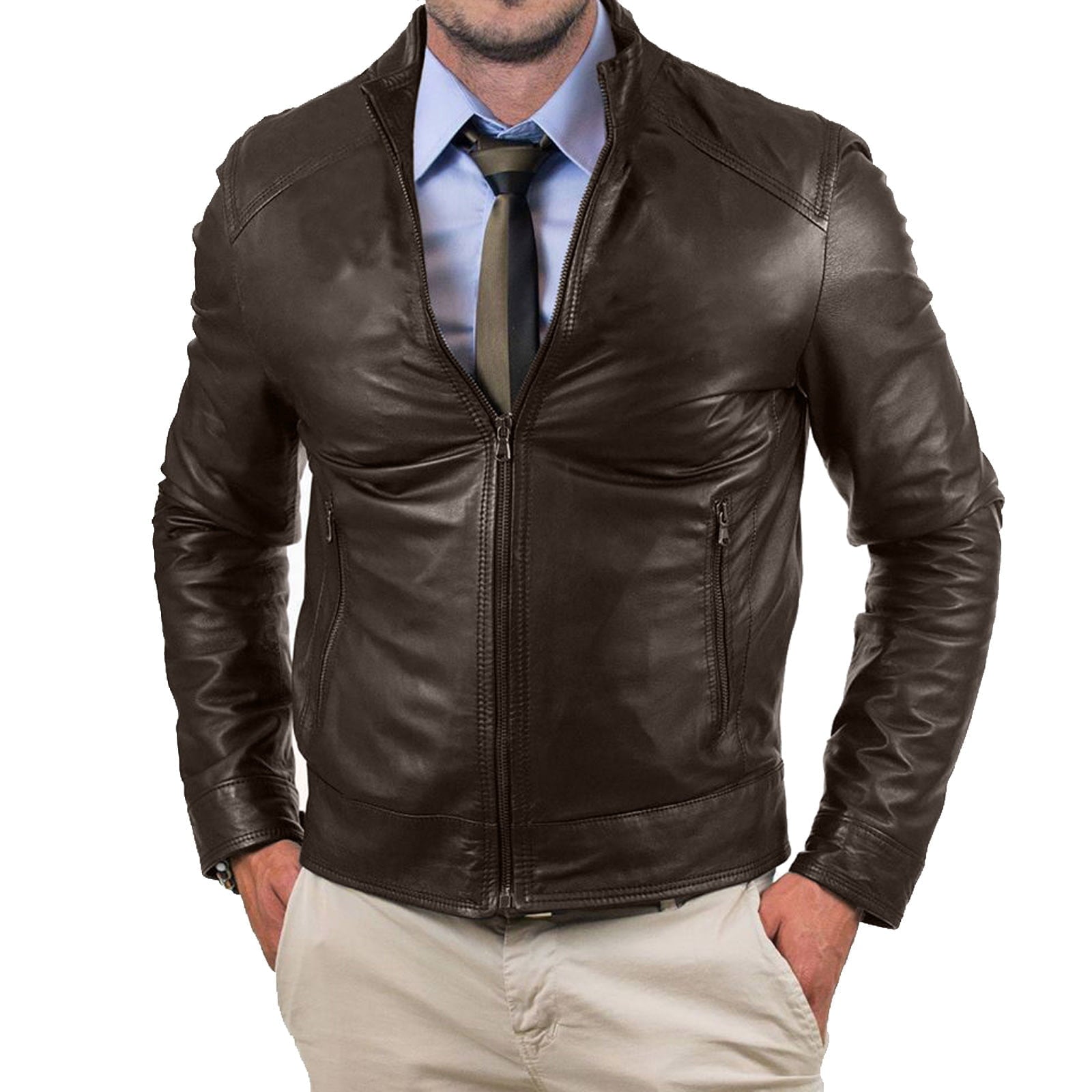 Rindway Men's Brown Genuine Leather Biker Jacket Slim Zip Up to the Neck