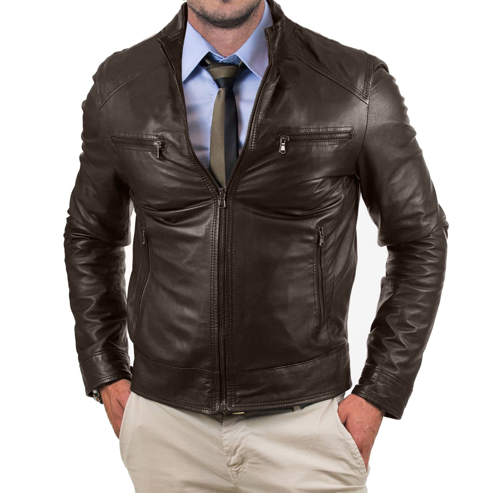 Rindway Slim Men's Brown Genuine Leather Biker Jacket with Four Pockets