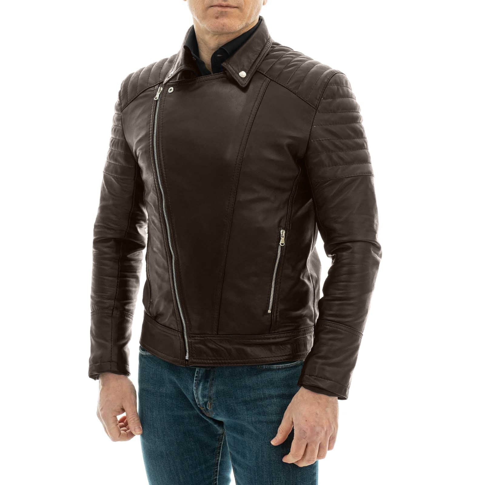 Chiodo Biker In Vera Pelle Marrone Uomo Slim Linee Spalle Braccia Rindway