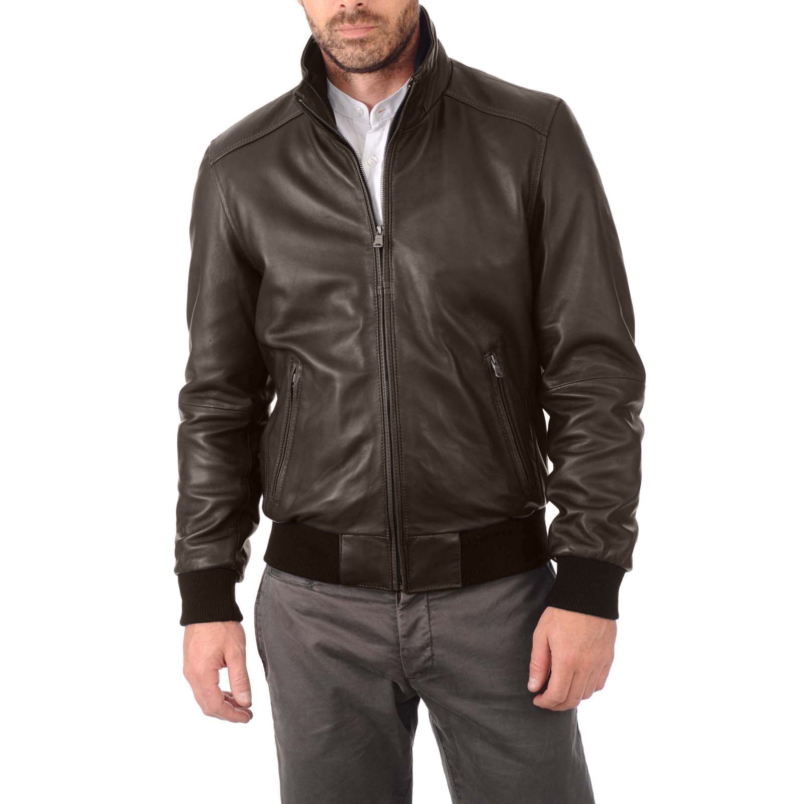 Men's Brown Genuine Leather Bomber Jacket With Rindway Neck Detail