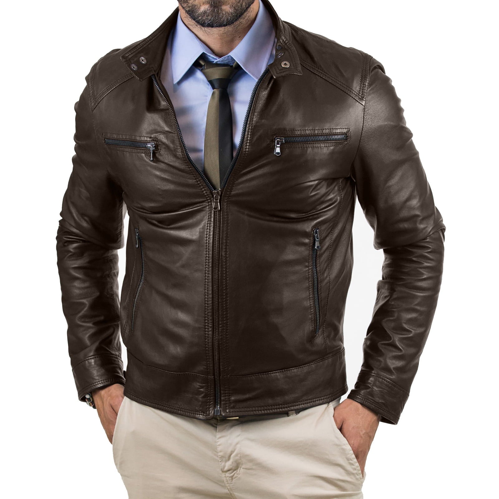 Men's Brown Genuine Leather Biker Jacket Slim Four Pockets Zipper Rindway Outlet