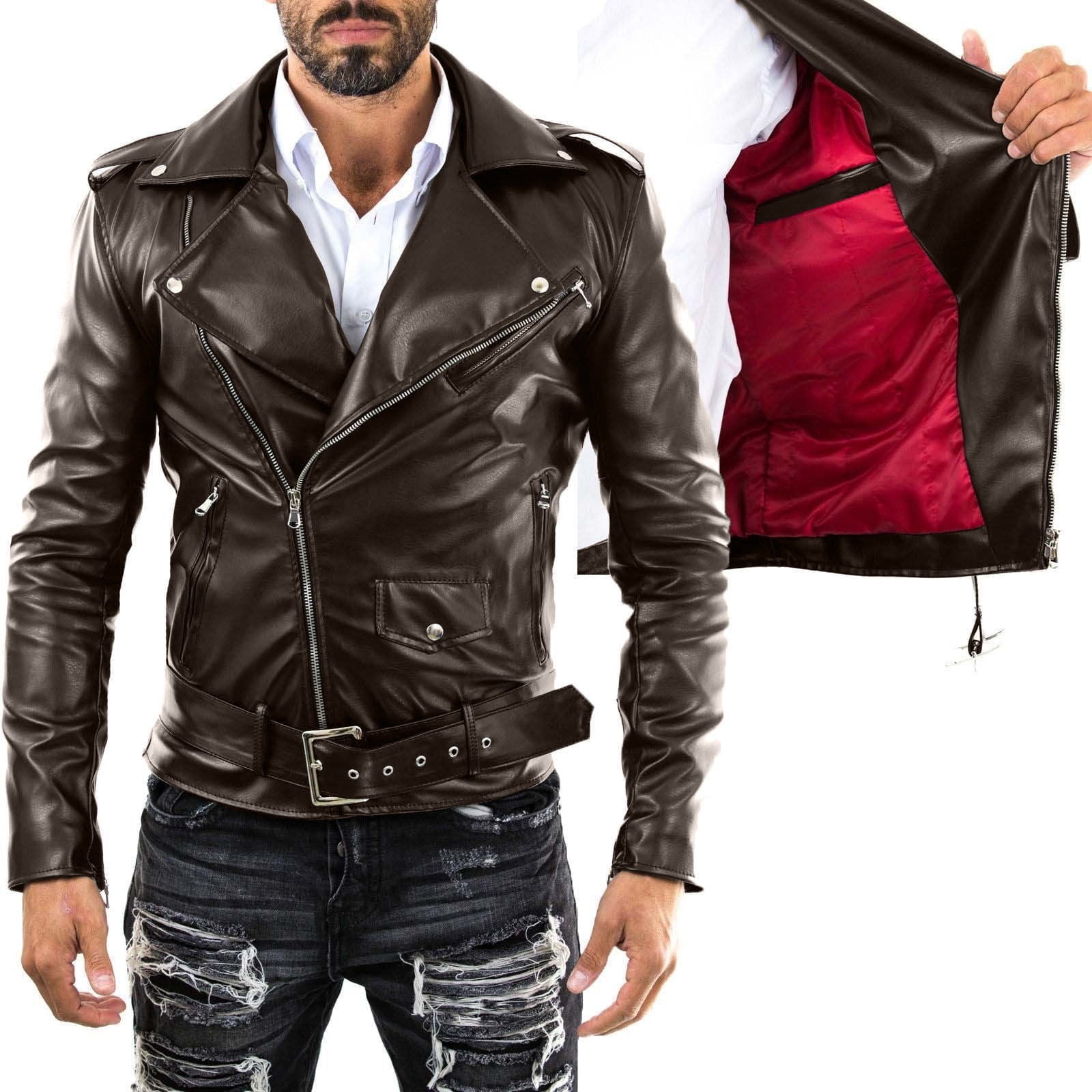 Men's Biker Jacket in Genuine Brown Leather Slim with Red Interior Rindway