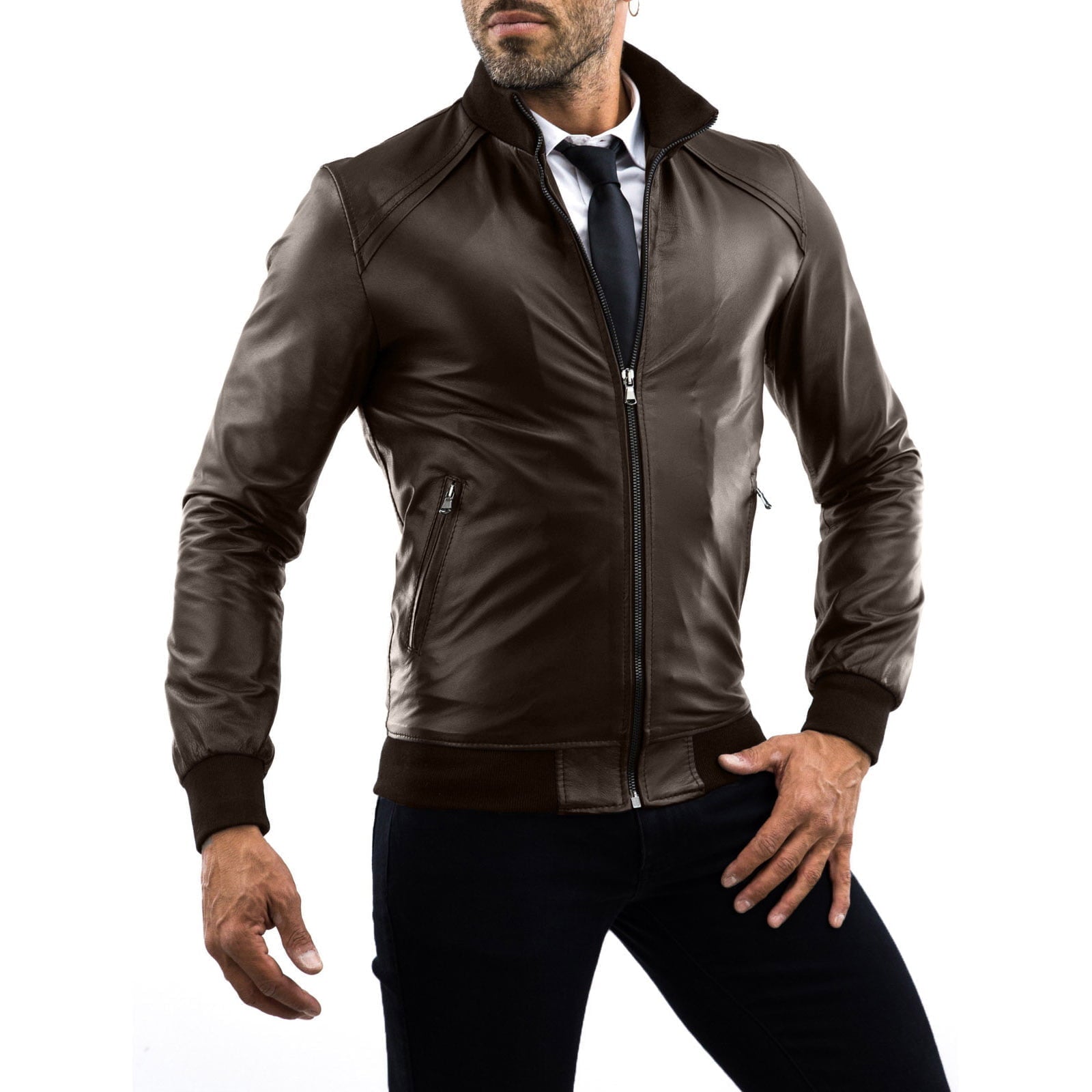 Slim Men's Brown Genuine Leather Bomber Jacket With Shoulder Detail OUTLET Rindway