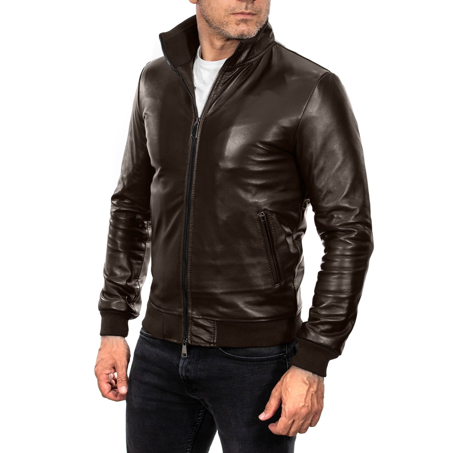 Rindway Men's Brown Genuine Leather Bomber Jacket with Jersey and Leather Collar