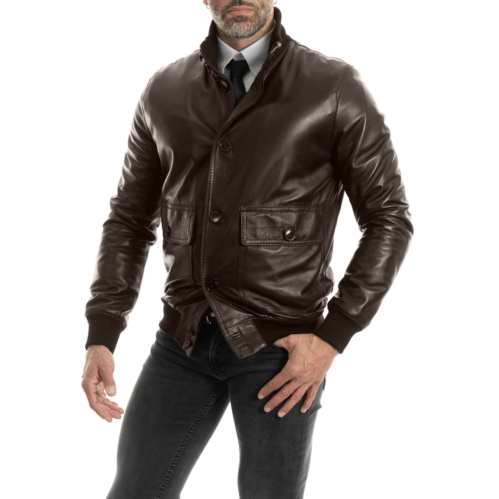 Slim Men's Brown Genuine Leather Bomber Jacket with Rindway Pockets