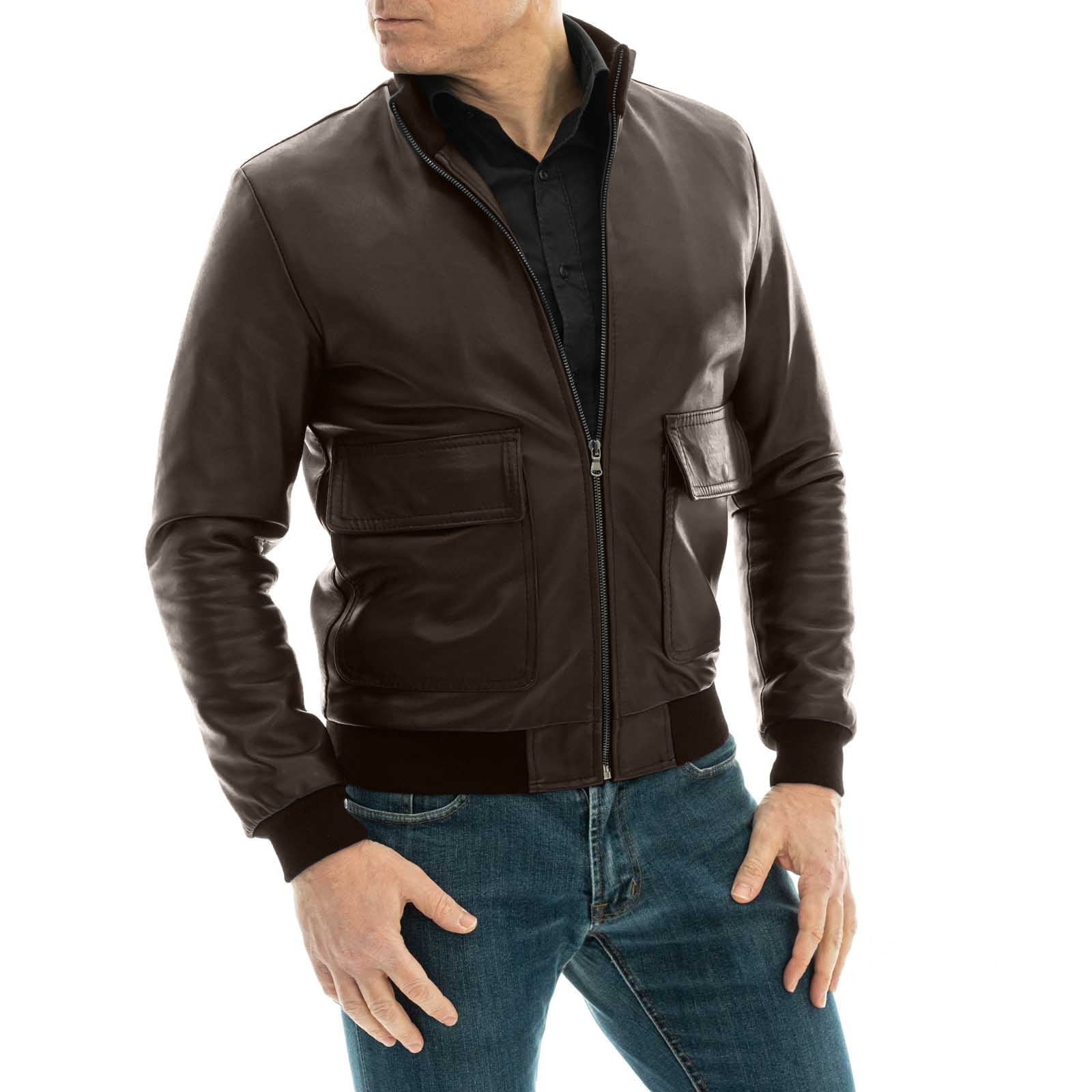 Rindway Slim Men's Brown Genuine Leather Zip Bomber Jacket with Big Pockets