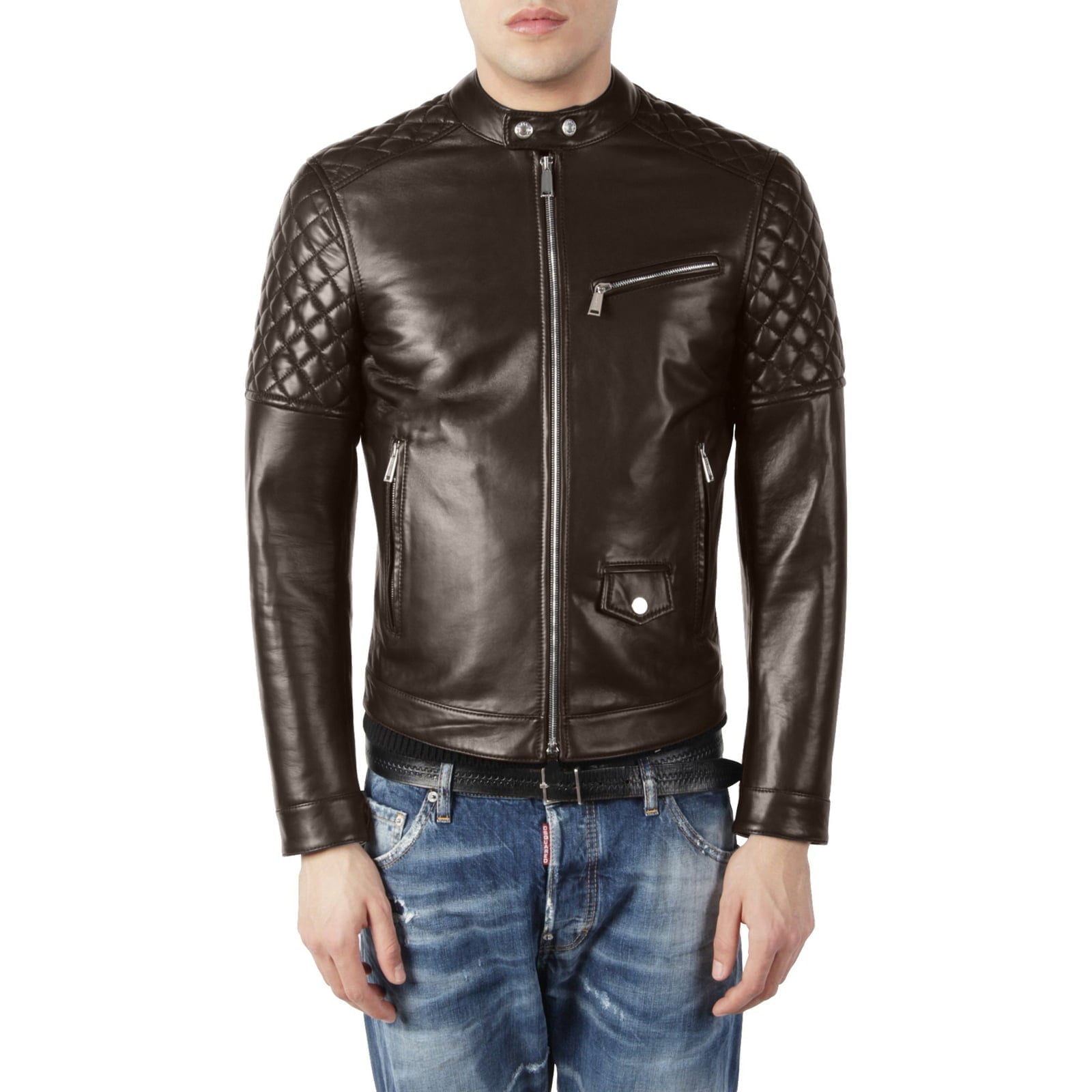 Giacca Biker In Vera Pelle Marrone Uomo Rombi Braccia e Spalle Rindway